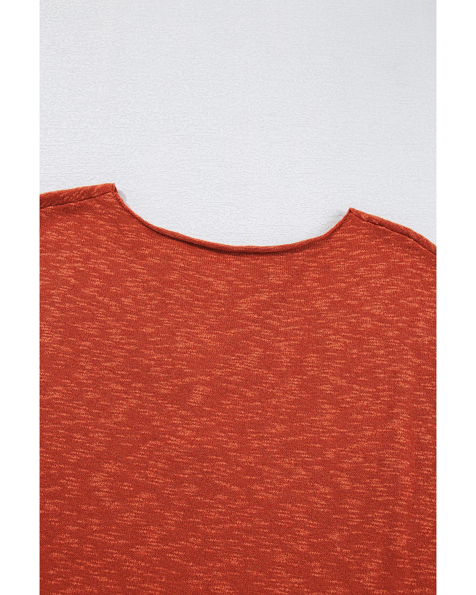 Orange Solid Color Split V Neck Short Sleeve Sweater - M