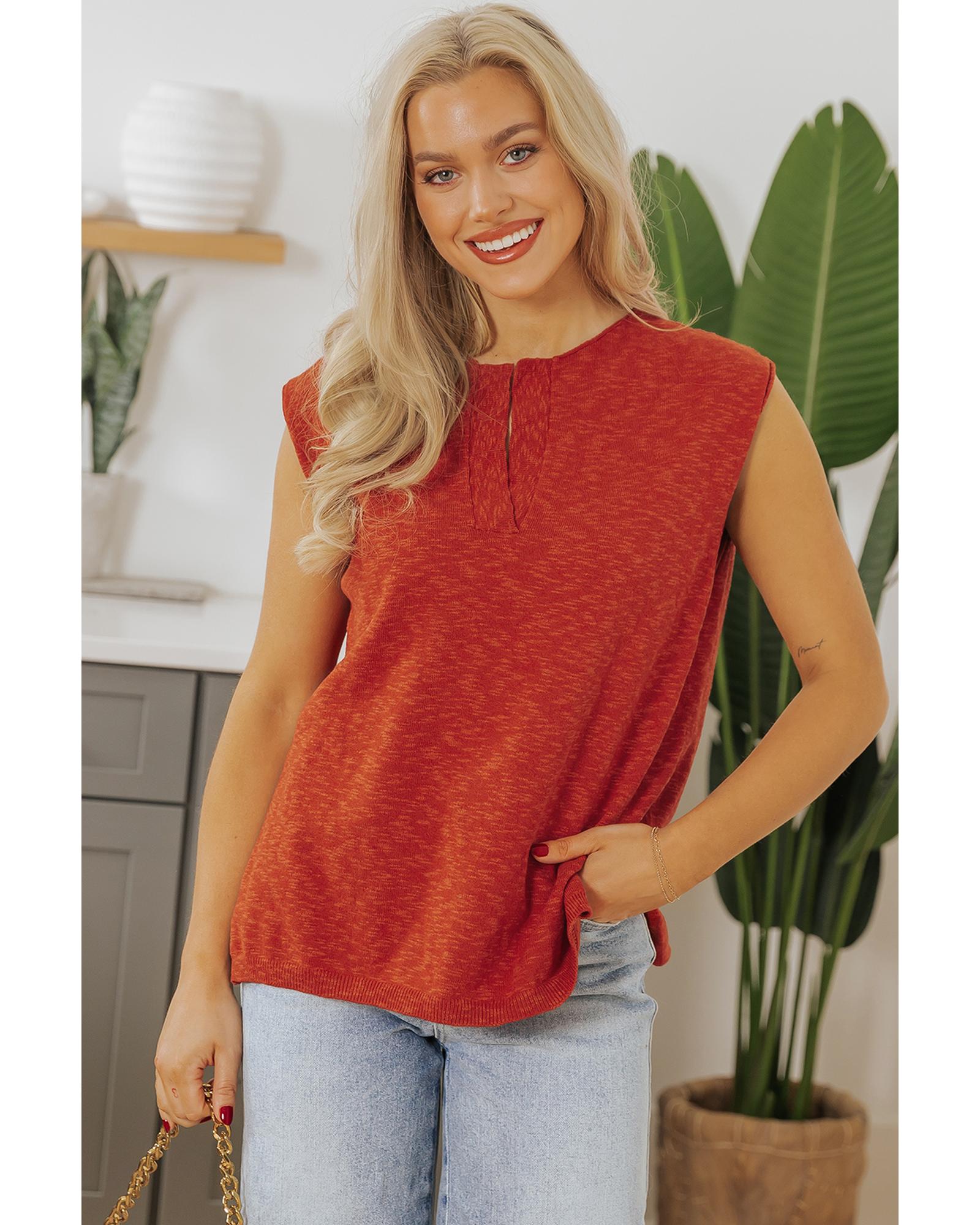 Orange Solid Color Split V Neck Short Sleeve Sweater - S 6