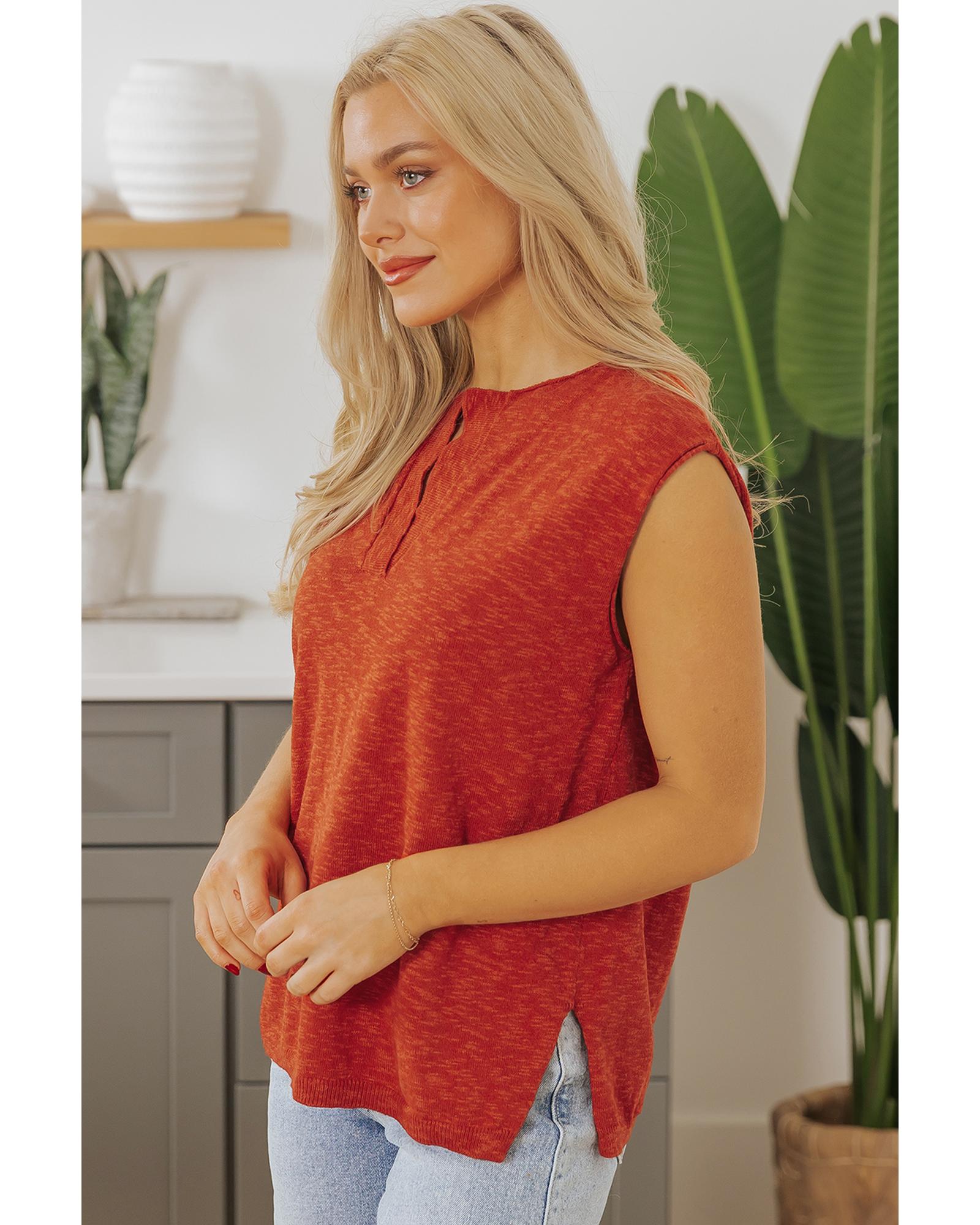 Orange Solid Color Split V Neck Short Sleeve Sweater - S 7