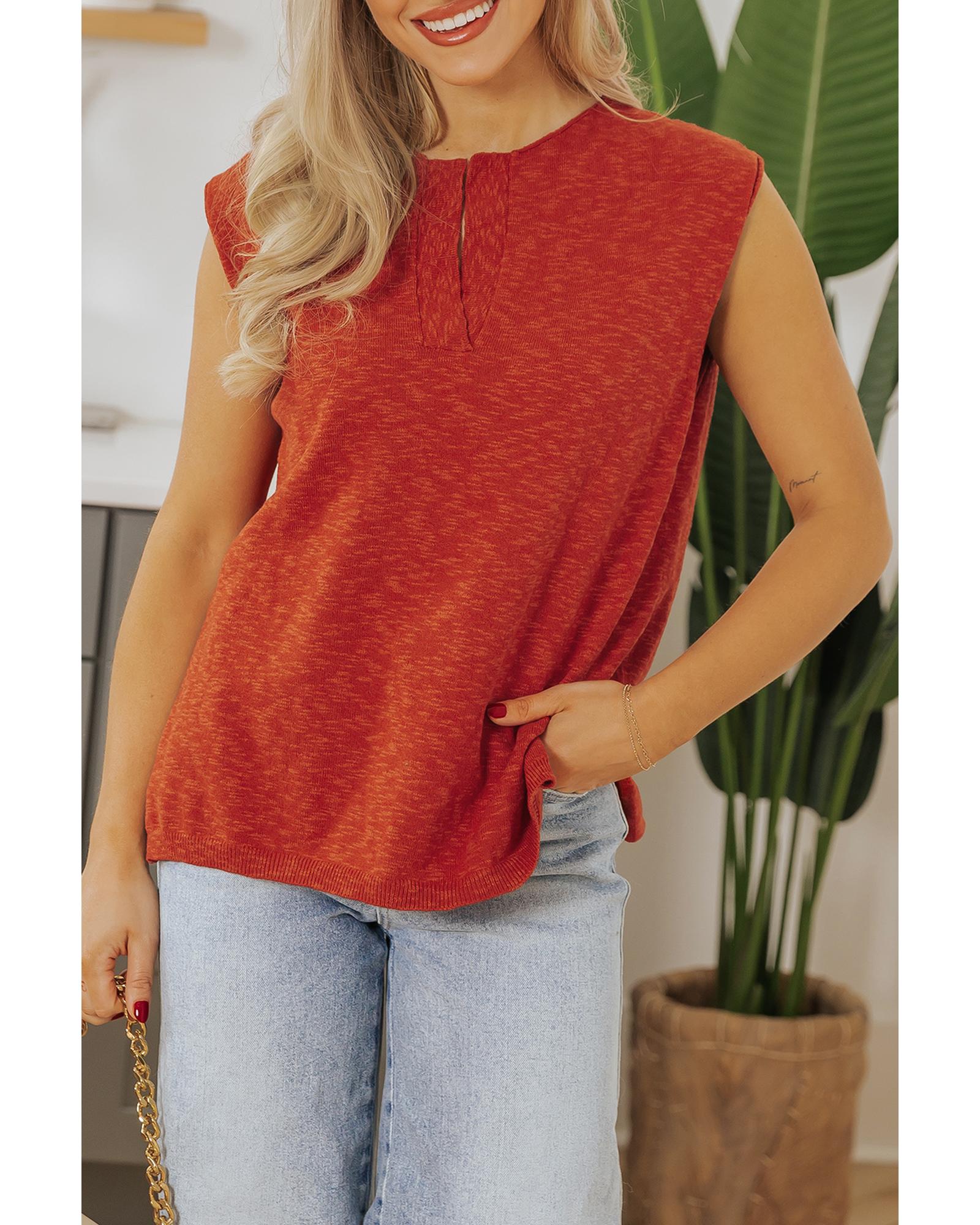 Orange Solid Color Split V Neck Short Sleeve Sweater - XL