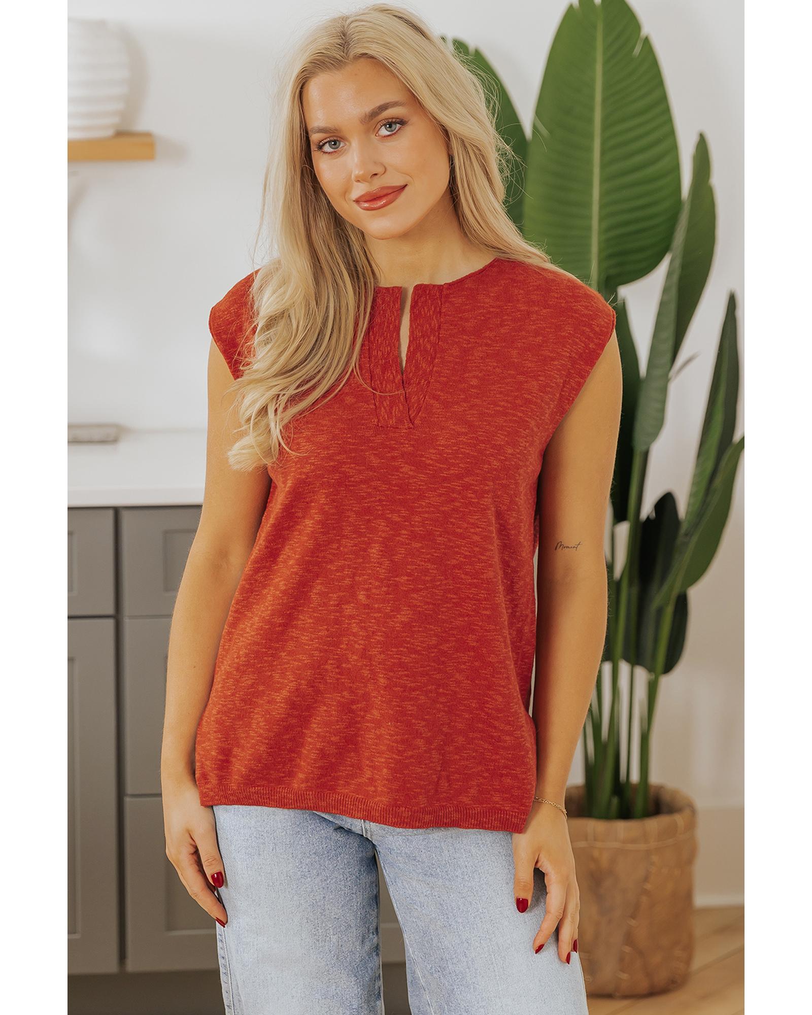 Orange Solid Color Split V Neck Short Sleeve Sweater - XL 3