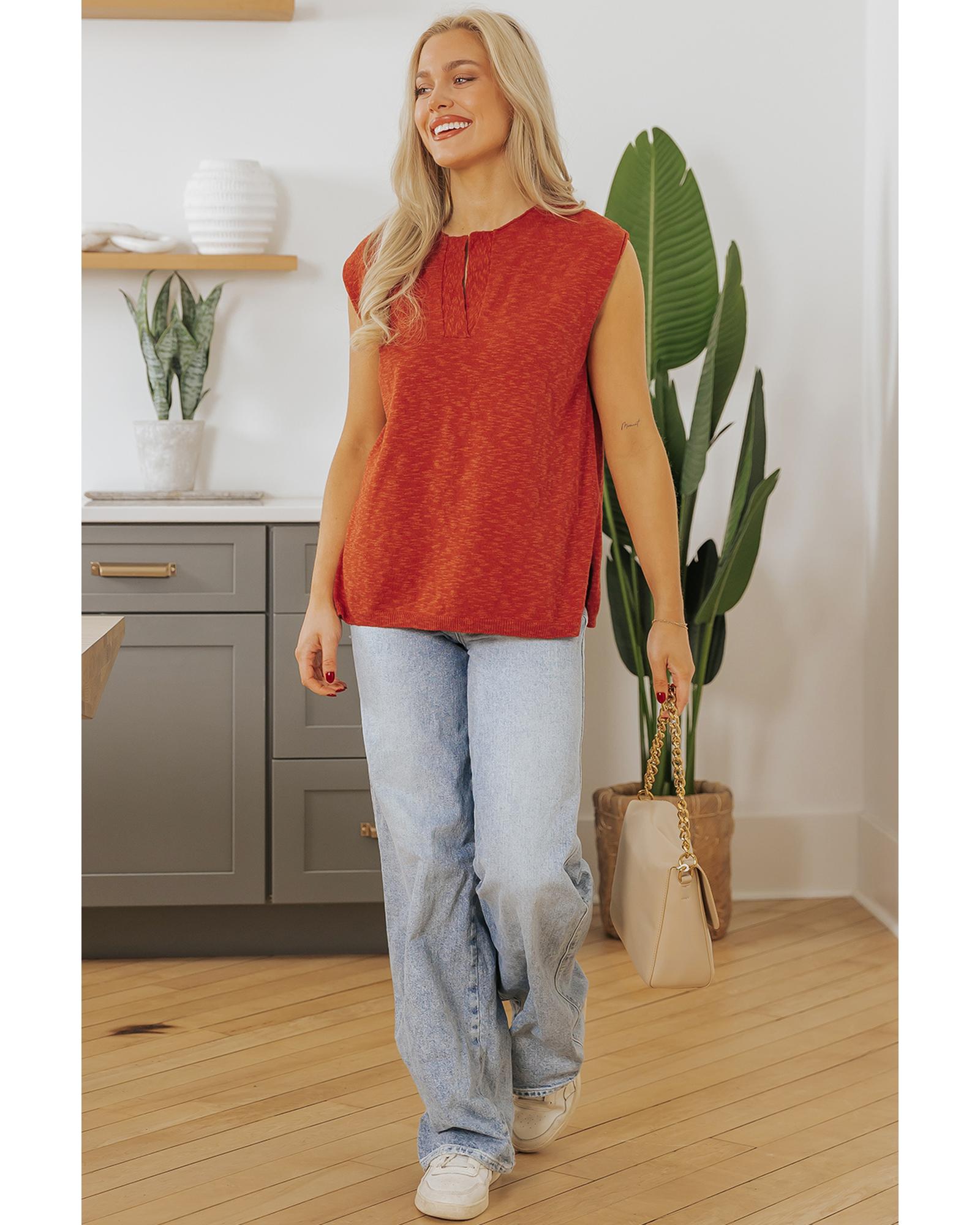 Orange Solid Color Split V Neck Short Sleeve Sweater - XL 4