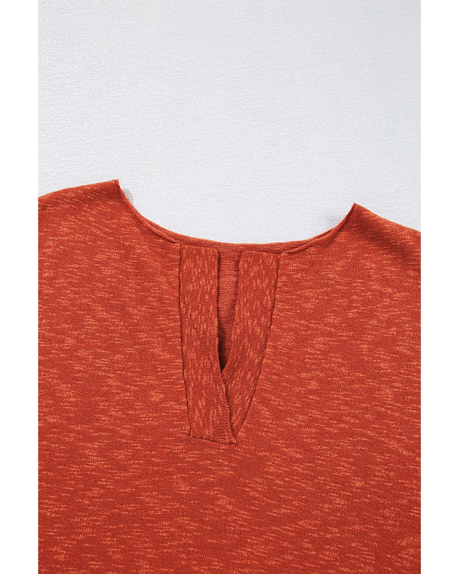 Orange Solid Color Split V Neck Short Sleeve Sweater - XL 5