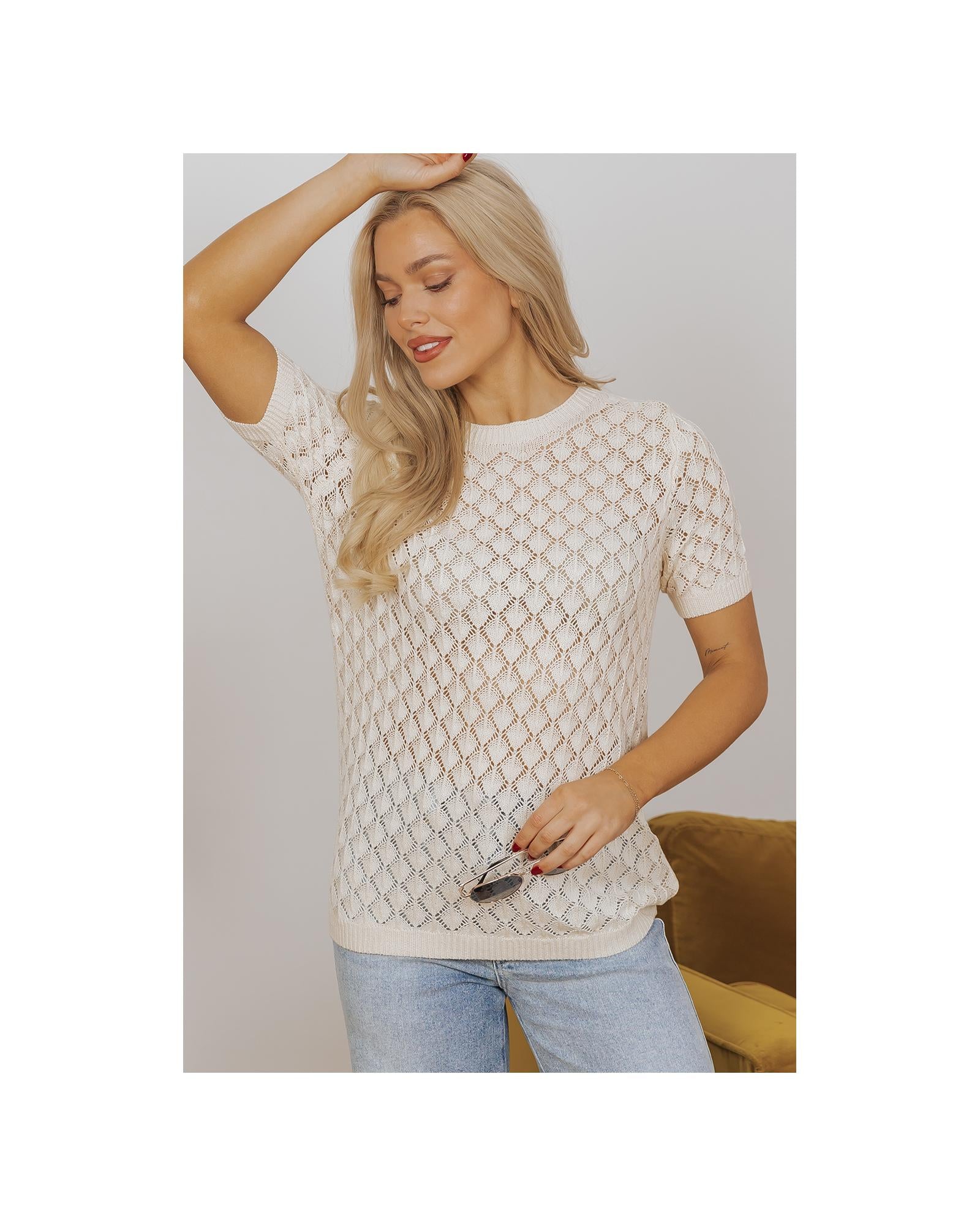 Beige Hollow Out Crochet O Neck Short Sleeve Sweater Tee - M