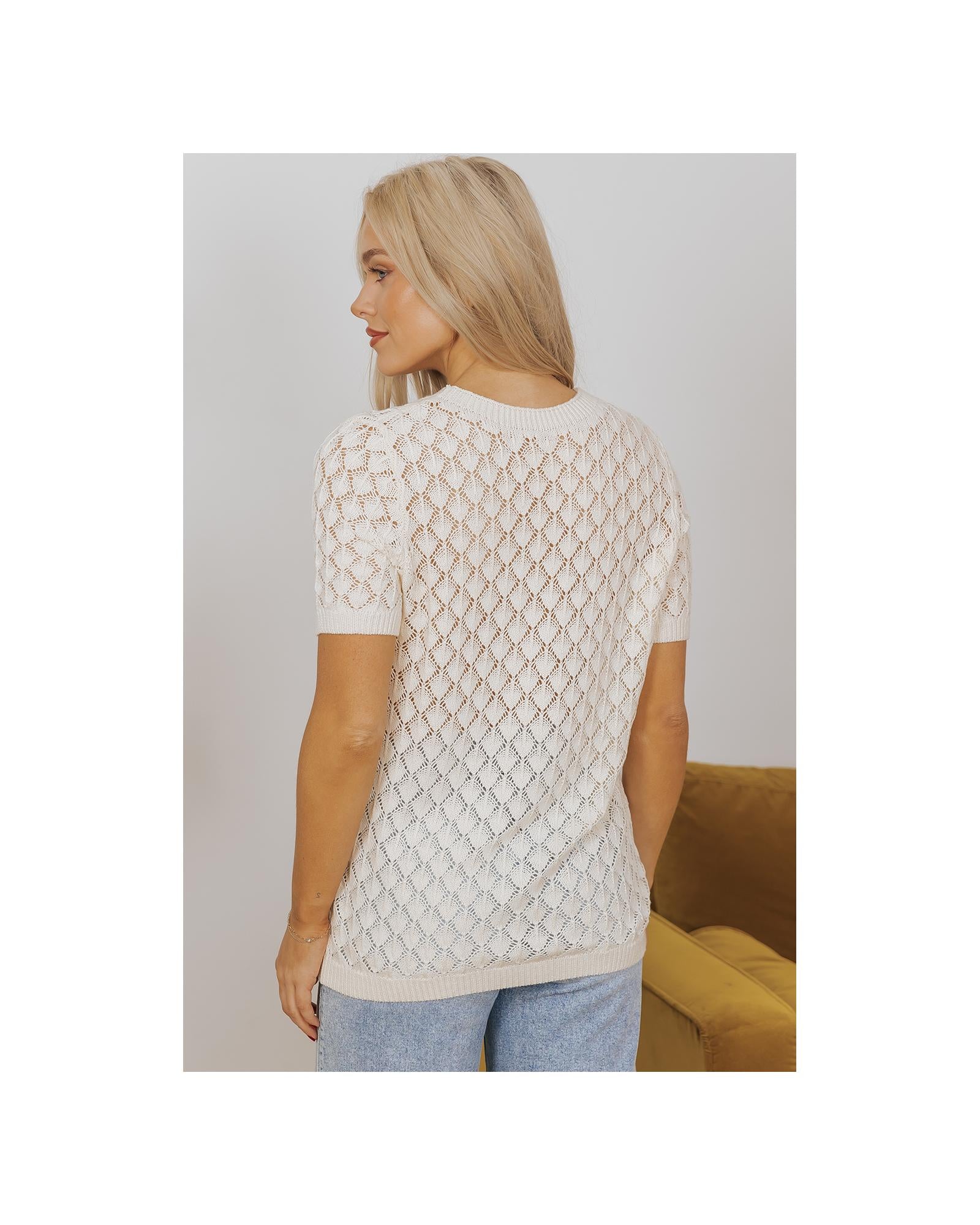 Beige Hollow Out Crochet O Neck Short Sleeve Sweater Tee - M