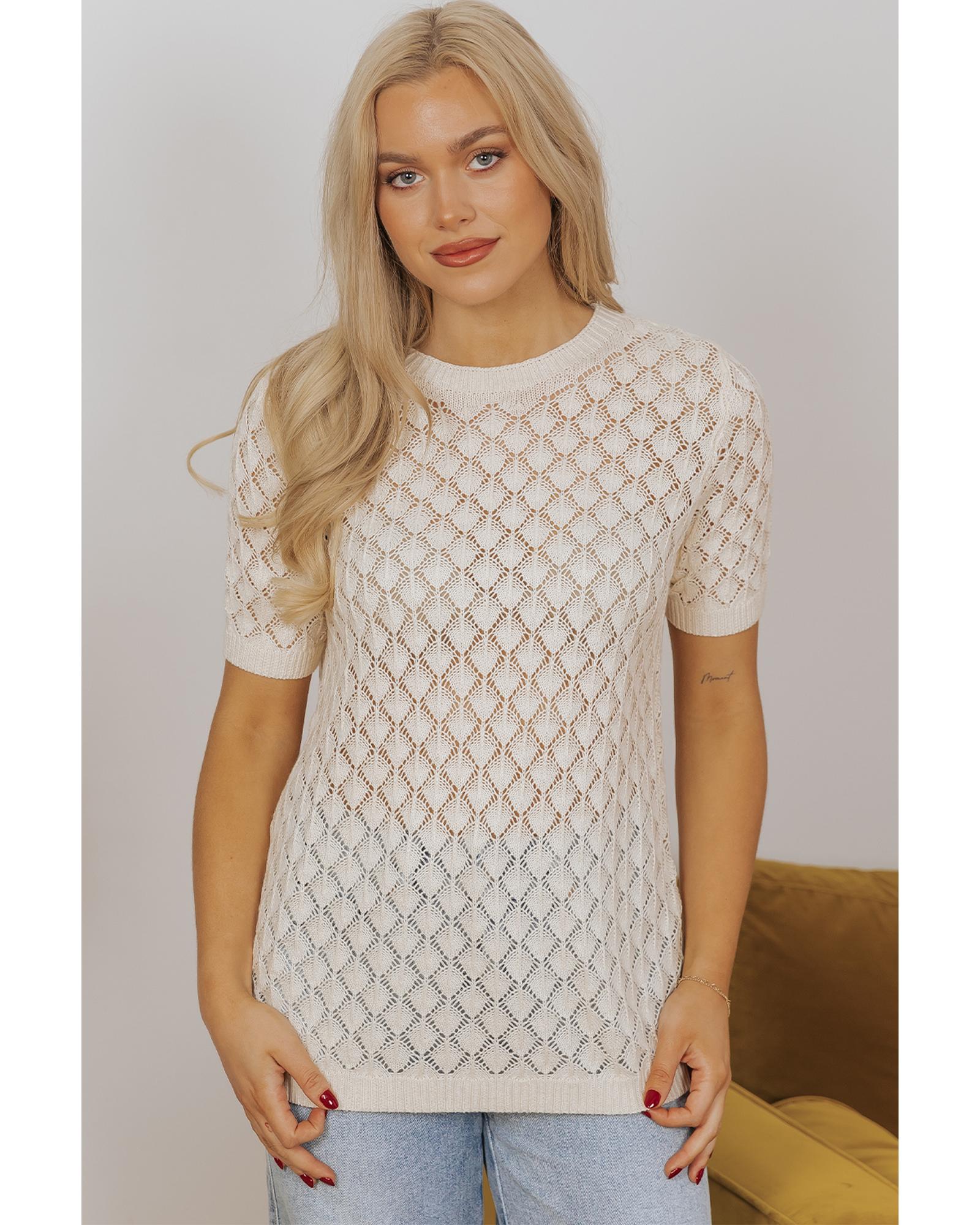Beige Hollow Out Crochet O Neck Short Sleeve Sweater Tee - M 3