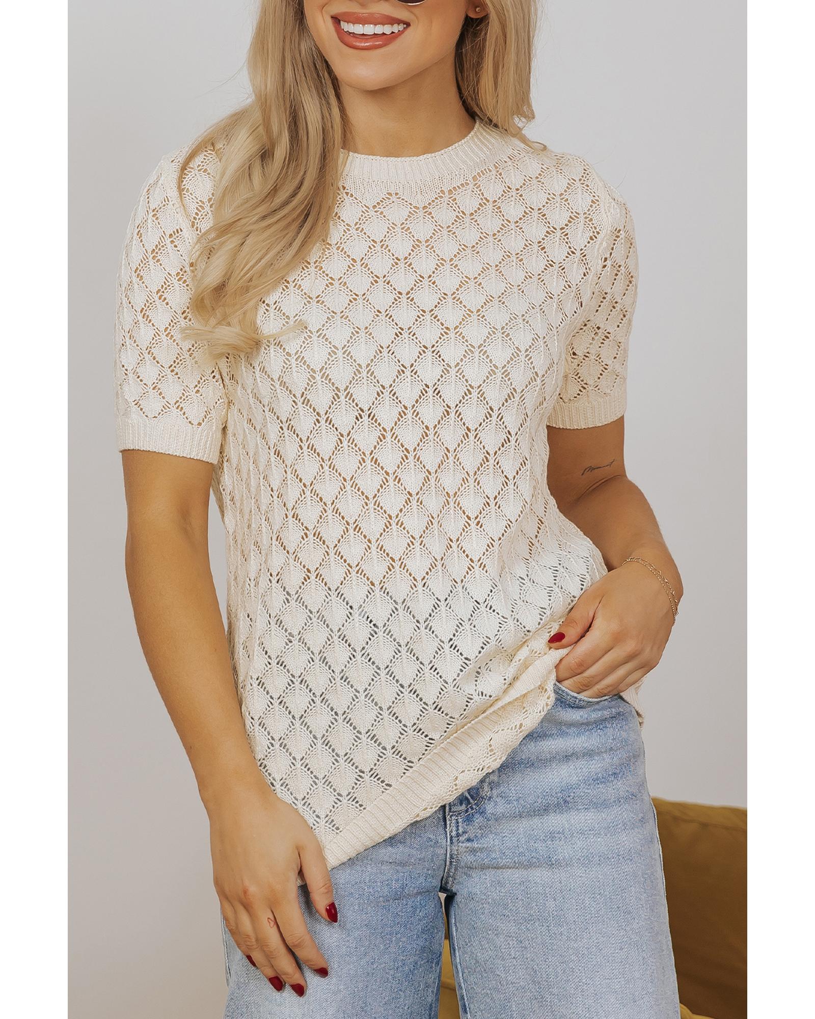 Beige Hollow Out Crochet O Neck Short Sleeve Sweater Tee - M 4