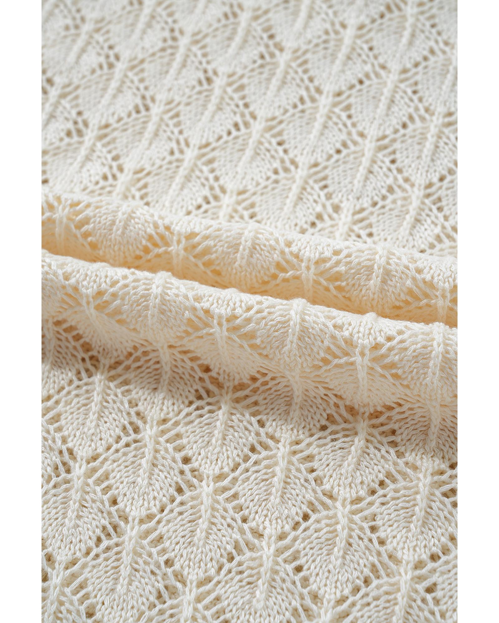 Beige Hollow Out Crochet O Neck Short Sleeve Sweater Tee - M 6