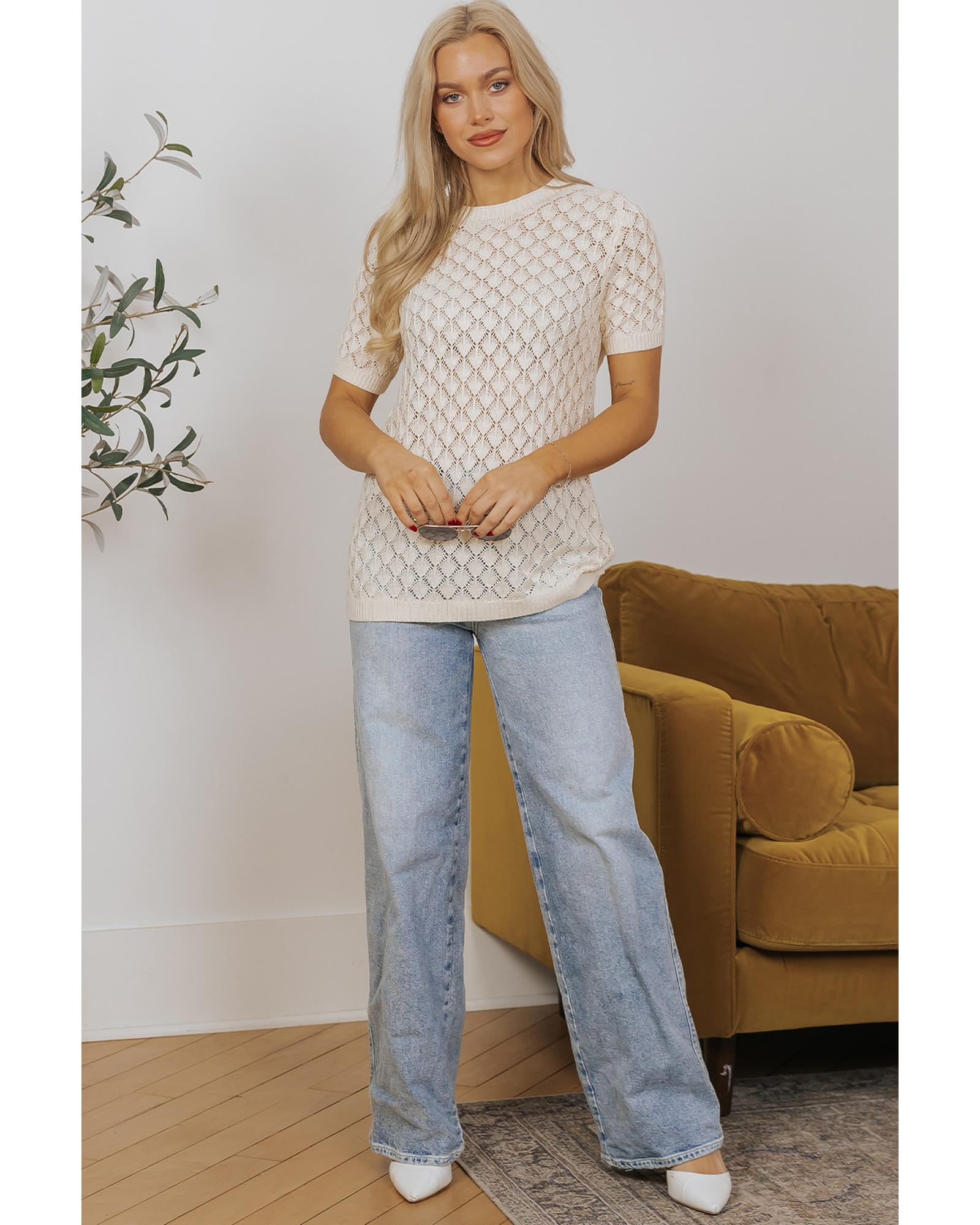 Beige Hollow Out Crochet O Neck Short Sleeve Sweater Tee - M 7