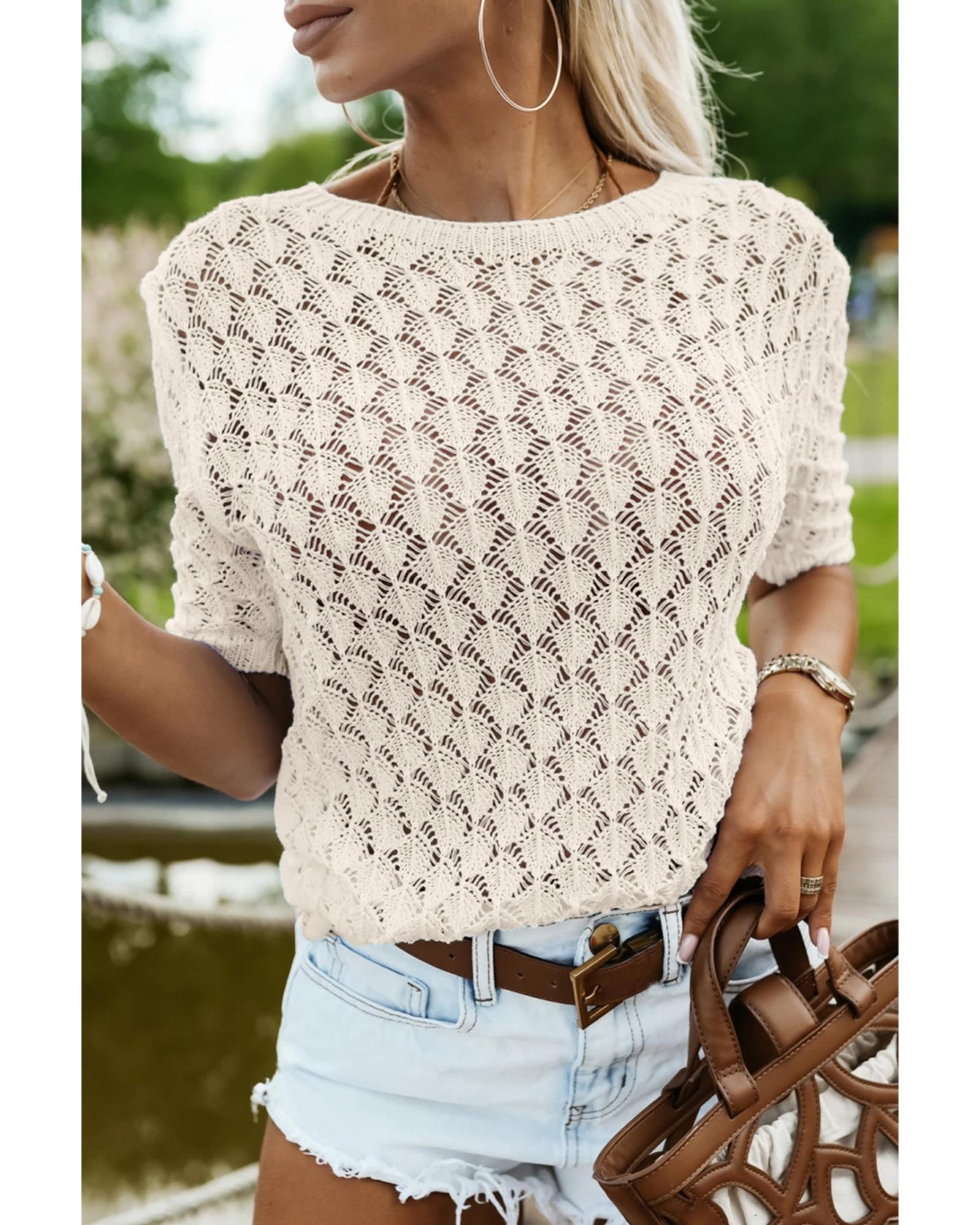 Beige Hollow Out Crochet O Neck Short Sleeve Sweater Tee - M 8
