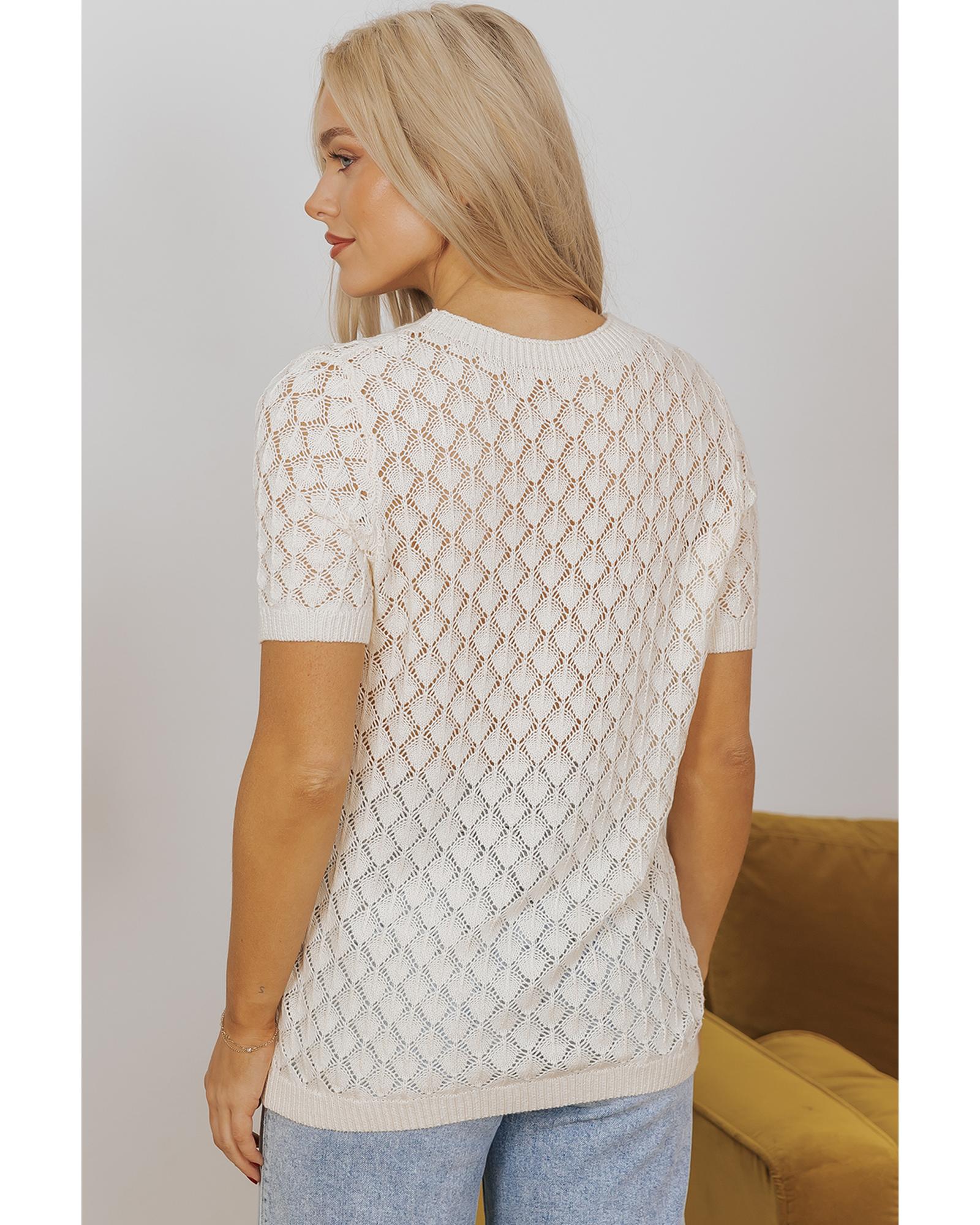 Beige Hollow Out Crochet O Neck Short Sleeve Sweater Tee - XL