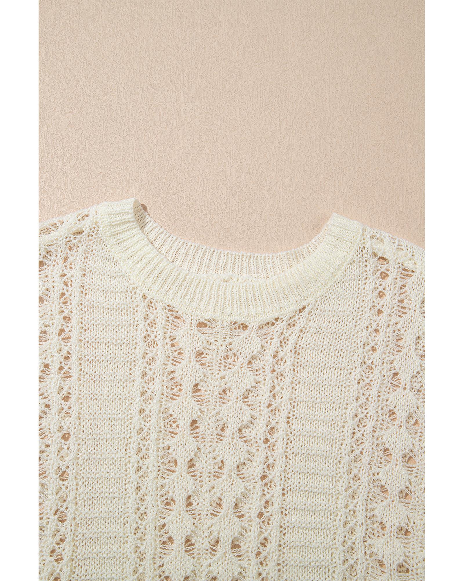 Azura Exchange White Hollow Out Knit Bracelet Sleeve Drop Shoulder Sweater - L 7