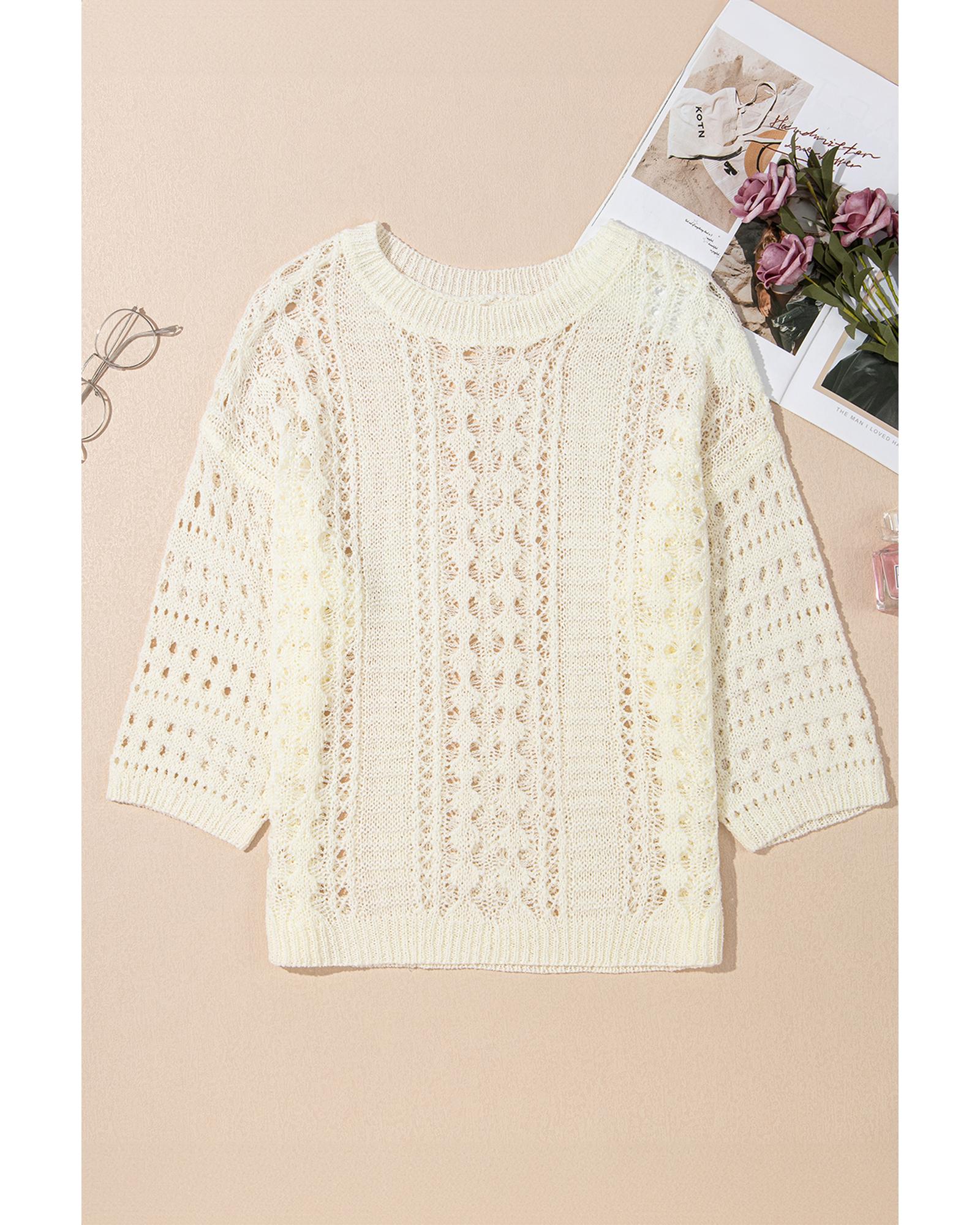 Azura Exchange White Hollow Out Knit Bracelet Sleeve Drop Shoulder Sweater - L 8