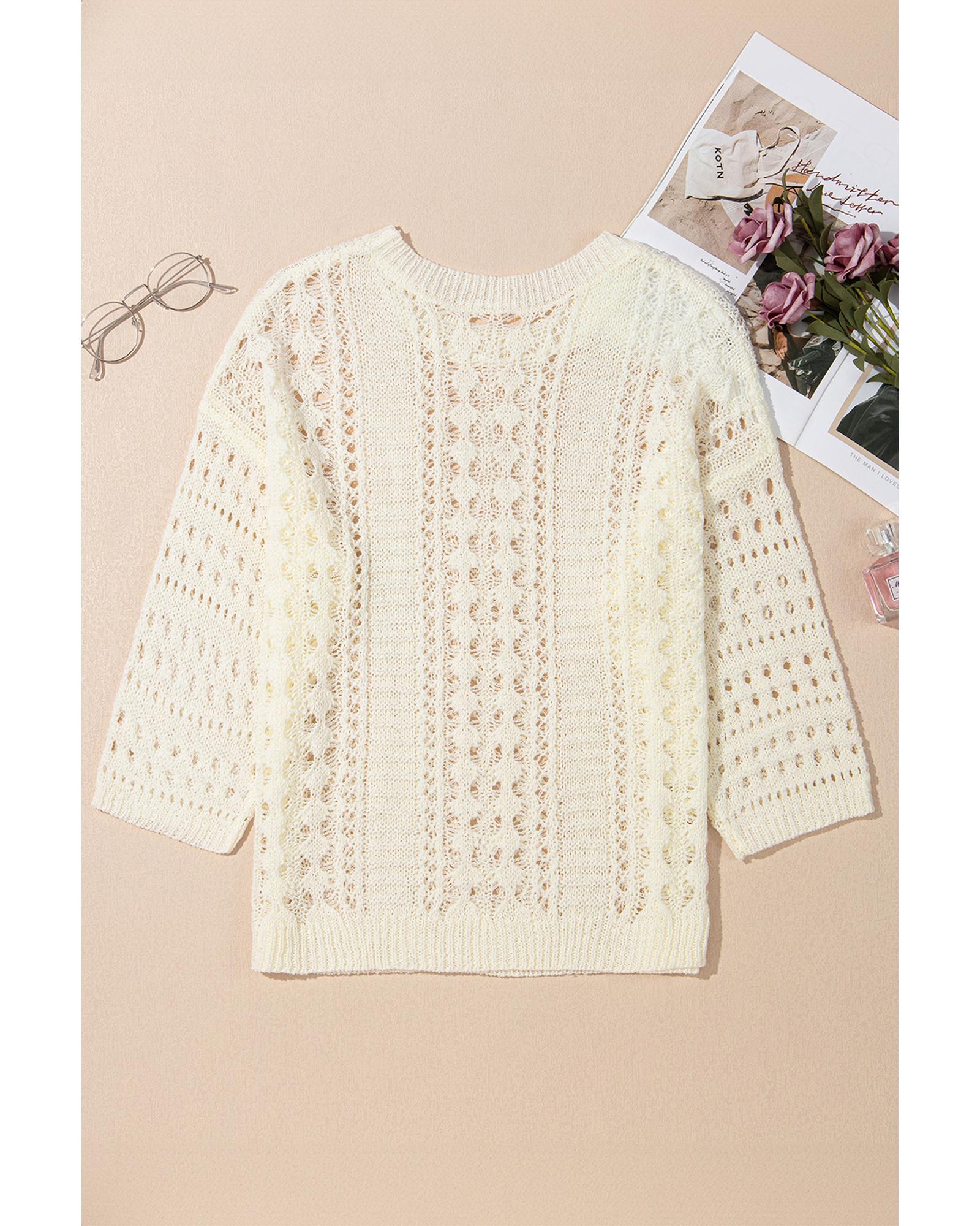 Azura Exchange White Hollow Out Knit Bracelet Sleeve Drop Shoulder Sweater - S 4