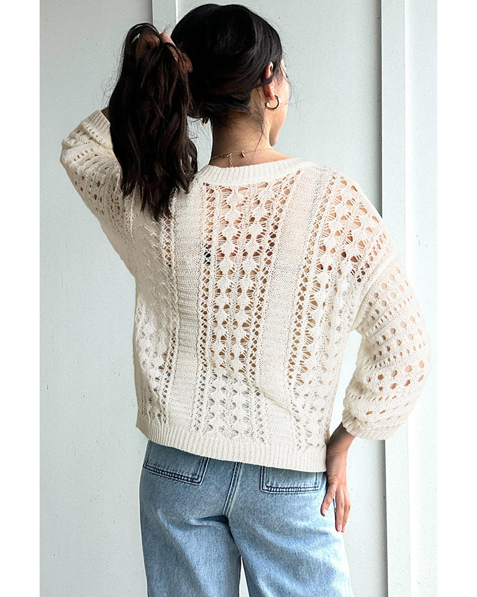 Azura Exchange White Hollow Out Knit Bracelet Sleeve Drop Shoulder Sweater - XL