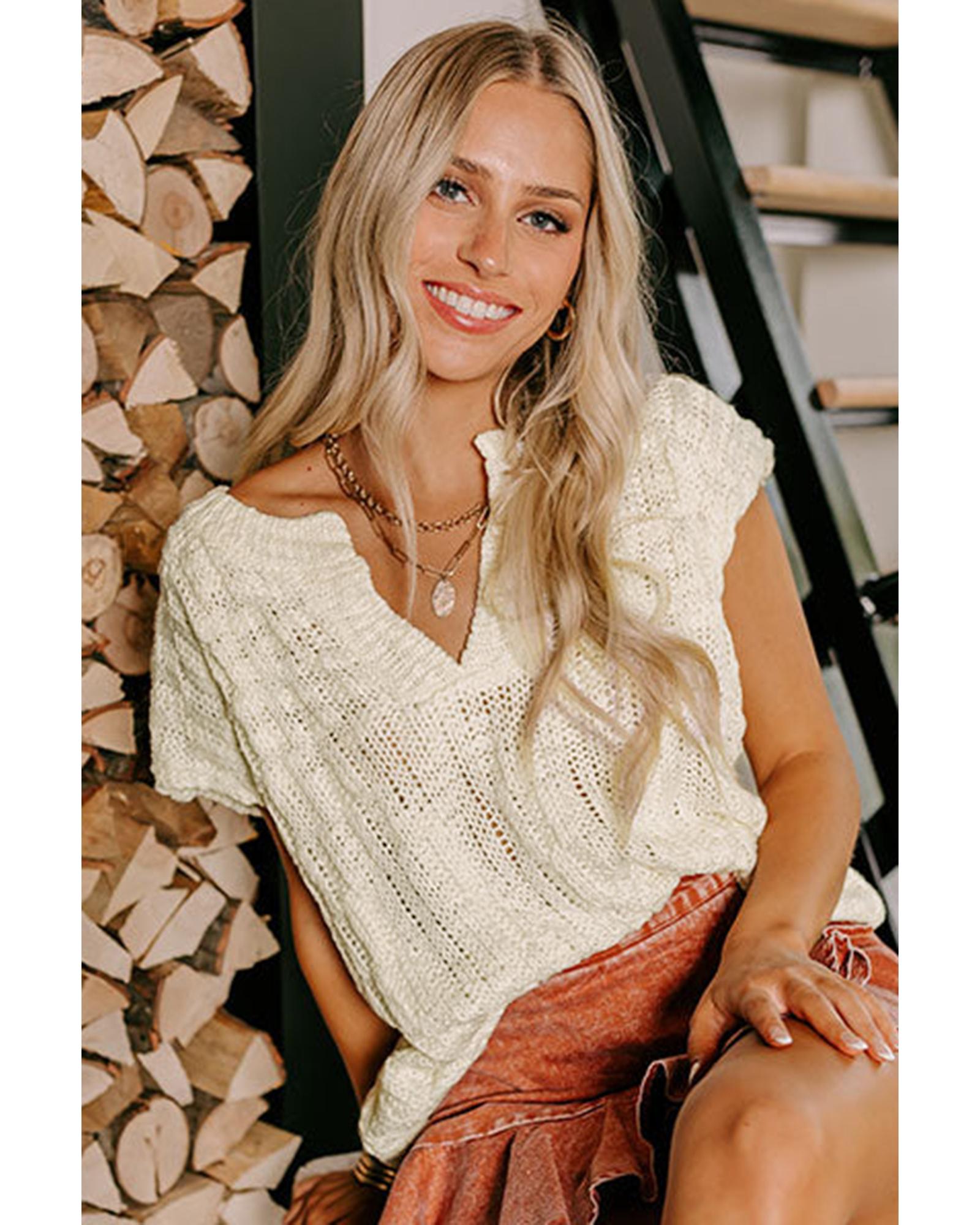 Beige Notched V Neck Short Sleeve Sweater - L 5
