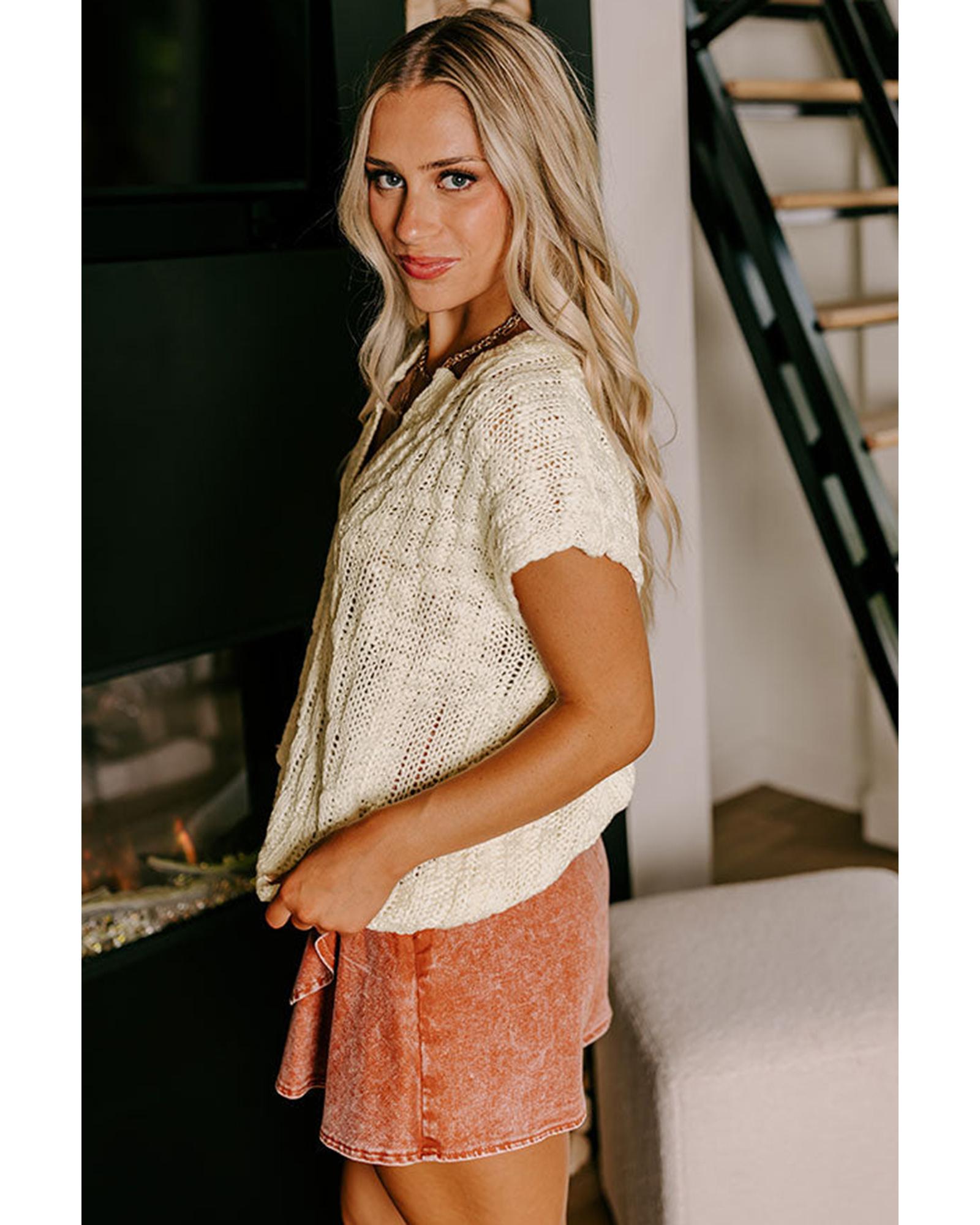 Beige Notched V Neck Short Sleeve Sweater - S 3