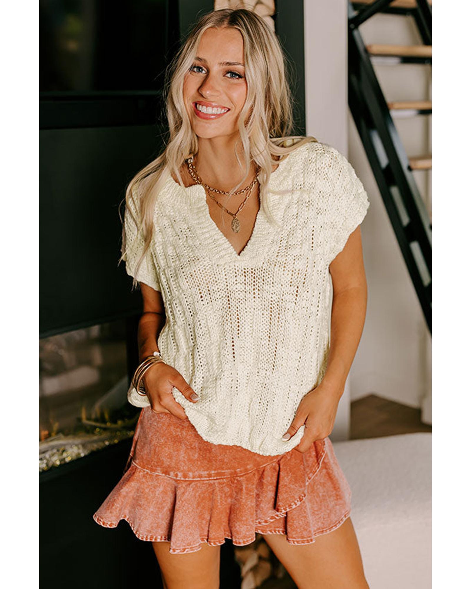 Beige Notched V Neck Short Sleeve Sweater - S 6