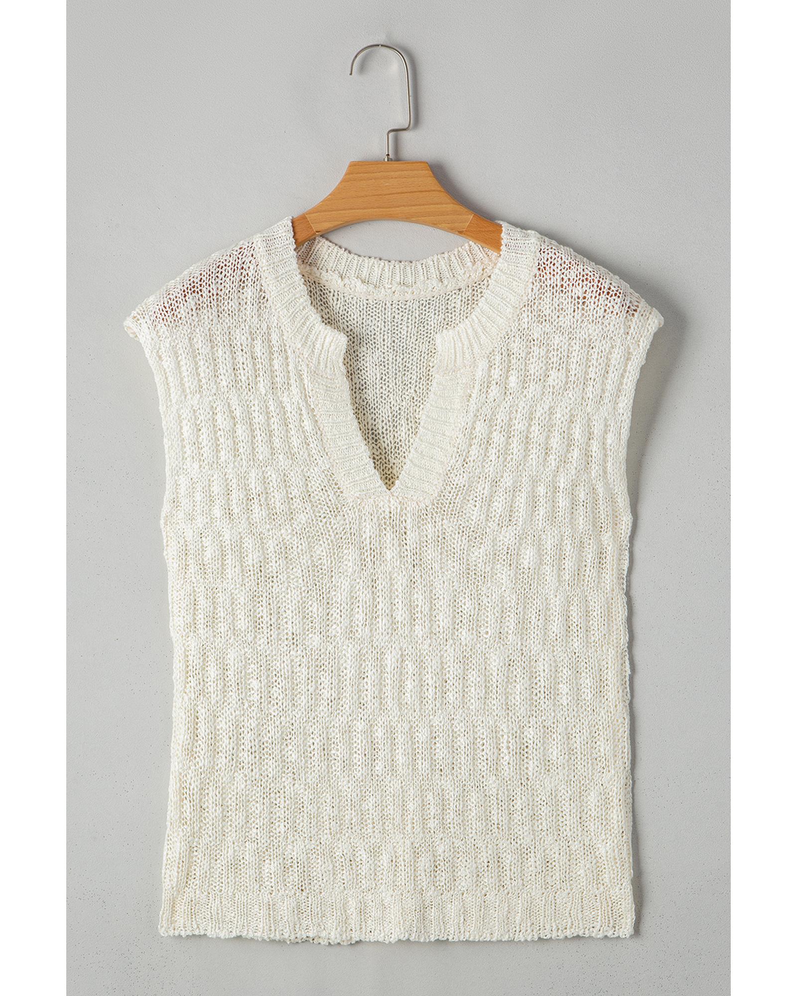 Beige Notched V Neck Short Sleeve Sweater - S 8