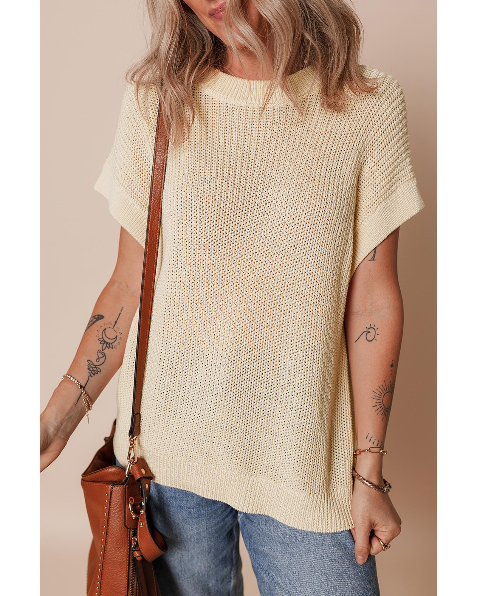 Oatmeal Solid Color Batwing Short Sleeve Round Neck Knit T Shirt - L 7