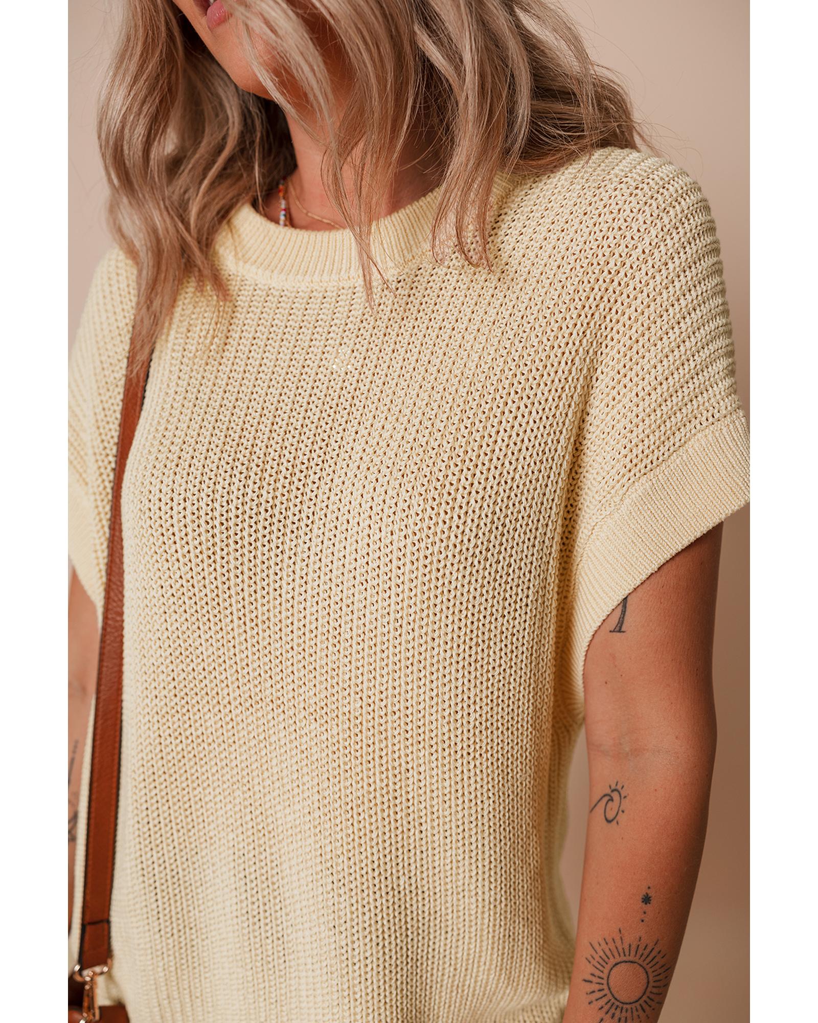 Oatmeal Solid Color Batwing Short Sleeve Round Neck Knit T Shirt - L 8