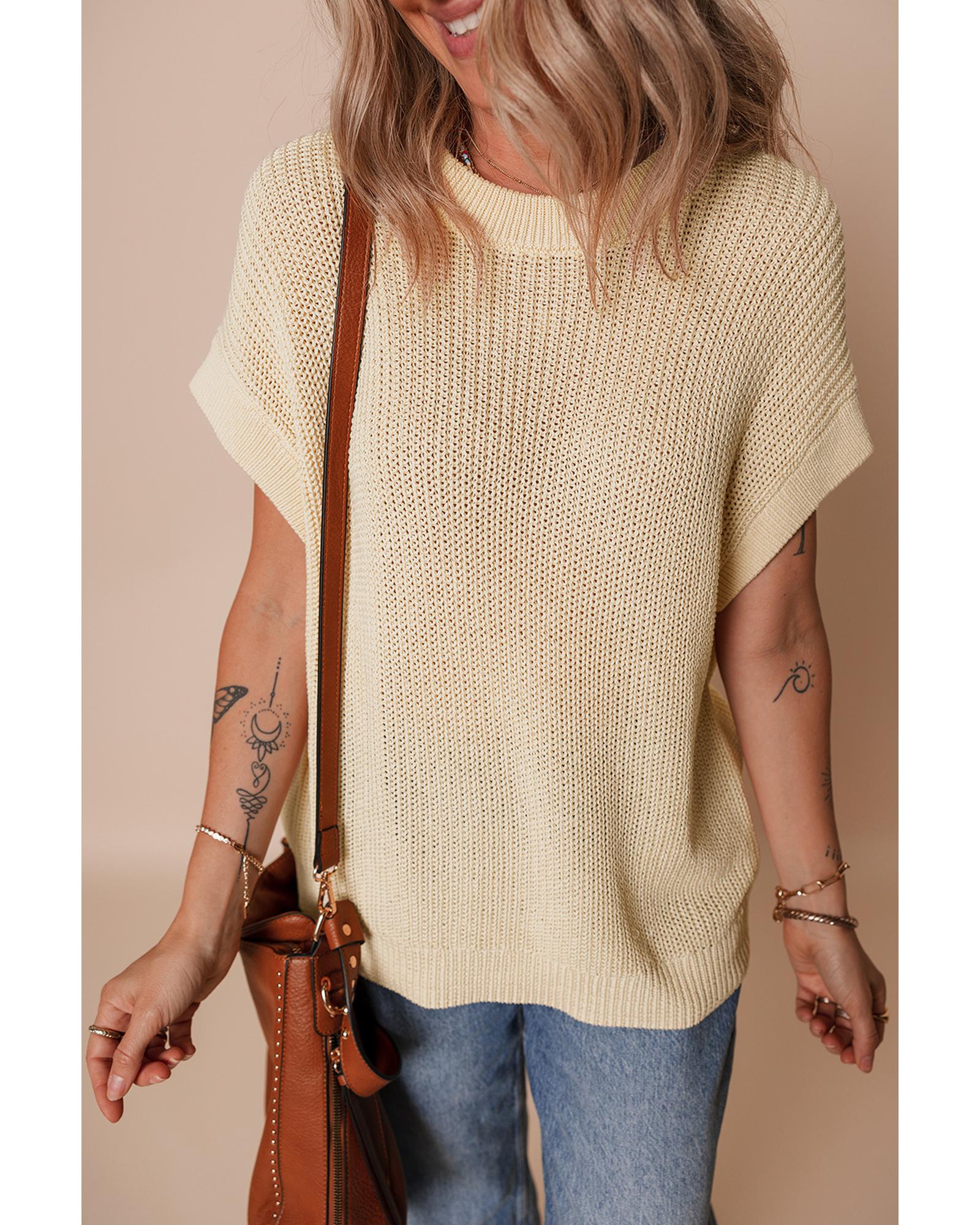 Oatmeal Solid Color Batwing Short Sleeve Round Neck Knit T Shirt - M