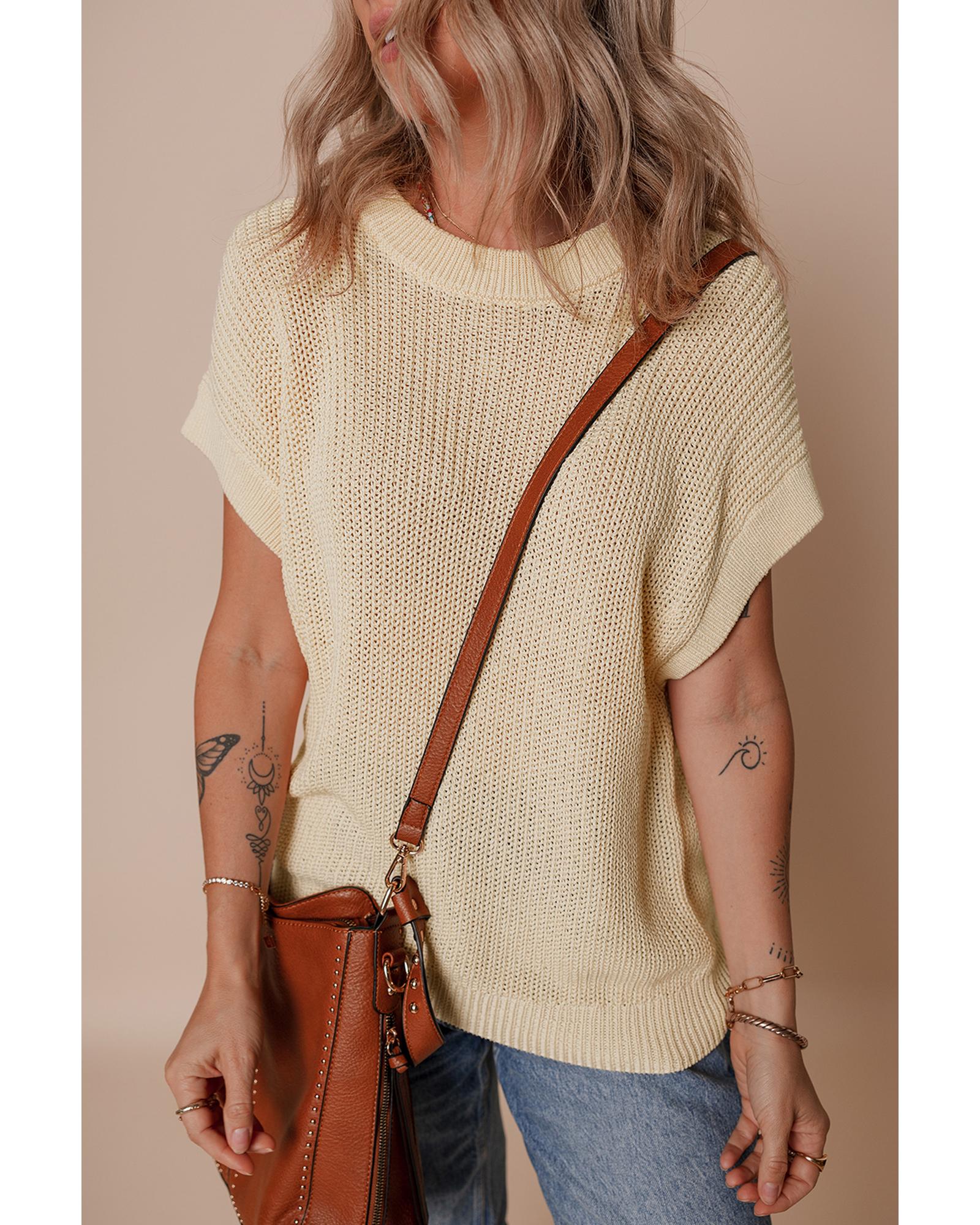 Oatmeal Solid Color Batwing Short Sleeve Round Neck Knit T Shirt - M 5