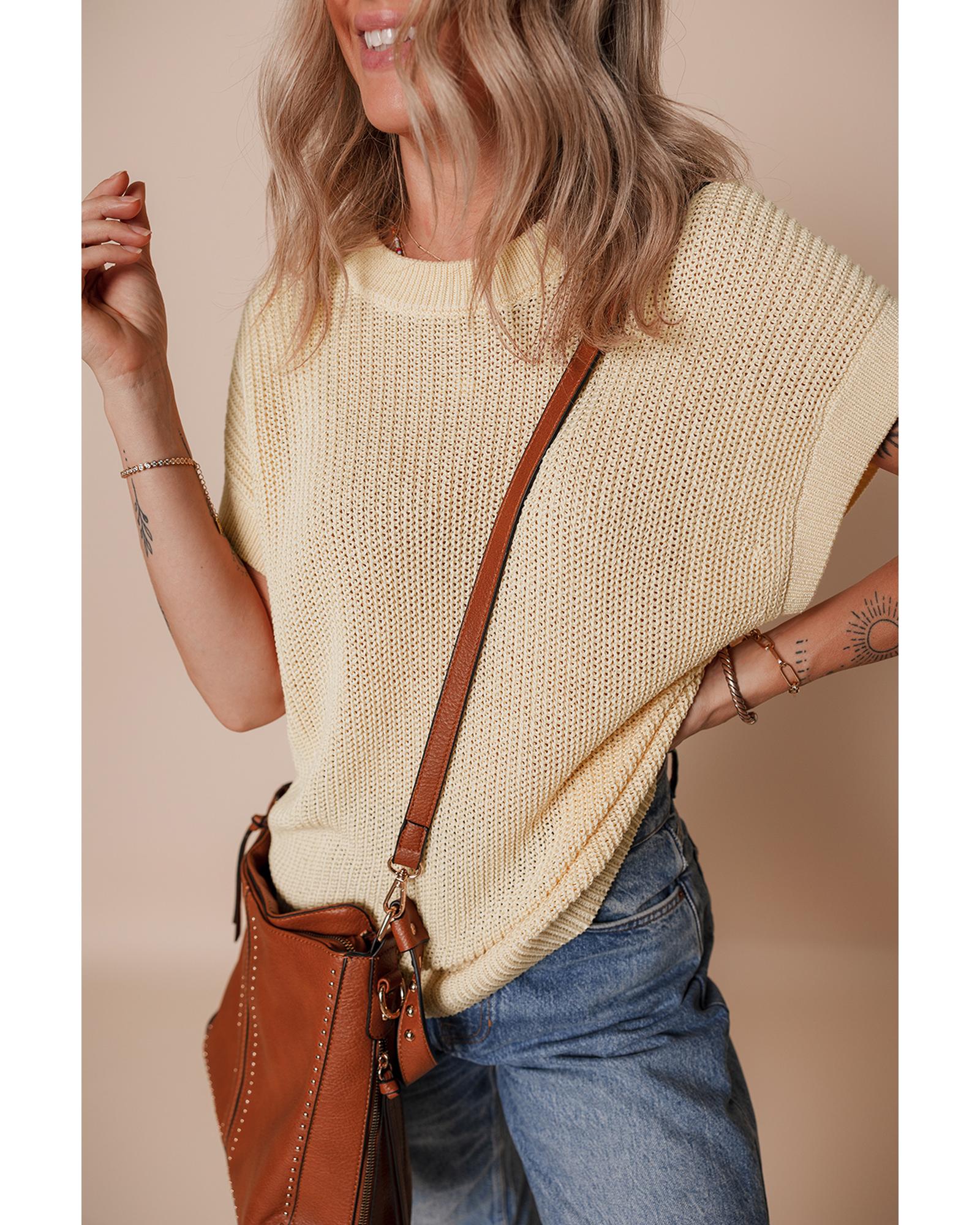 Oatmeal Solid Color Batwing Short Sleeve Round Neck Knit T Shirt - S 3