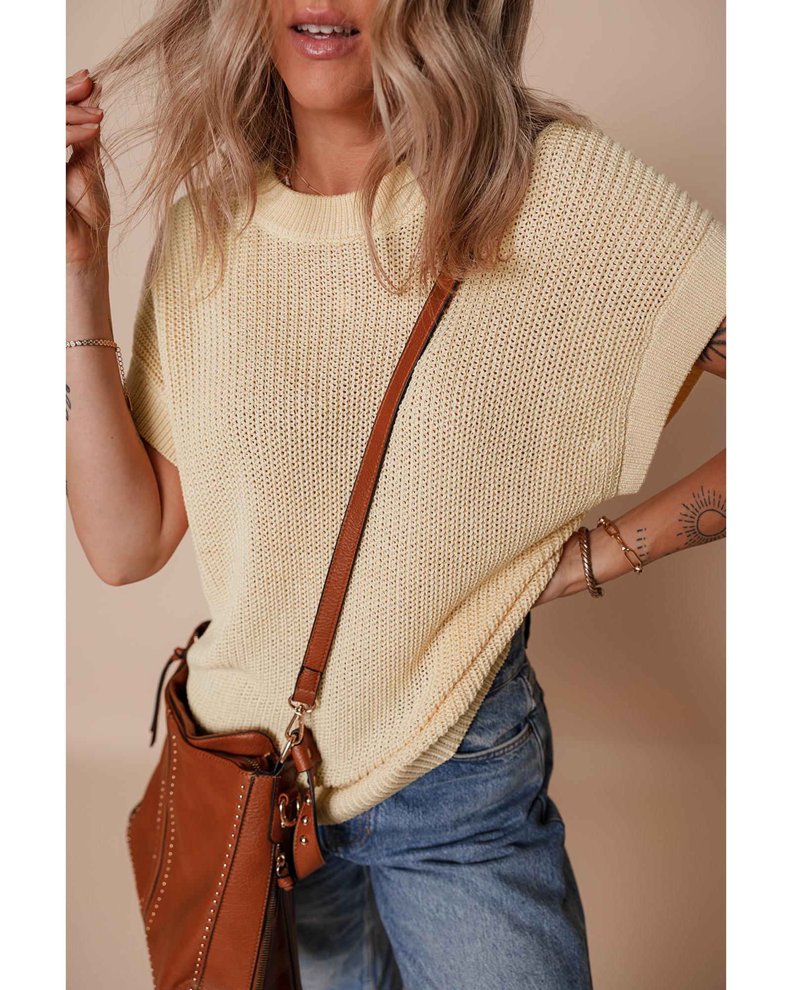 Oatmeal Solid Color Batwing Short Sleeve Round Neck Knit T Shirt - S 4
