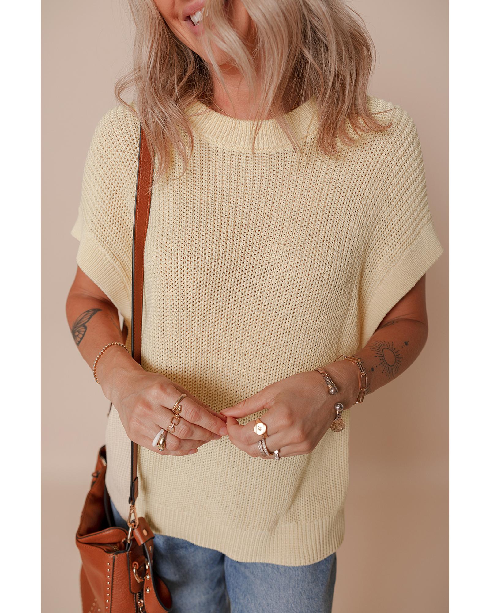 Oatmeal Solid Color Batwing Short Sleeve Round Neck Knit T Shirt - S 6