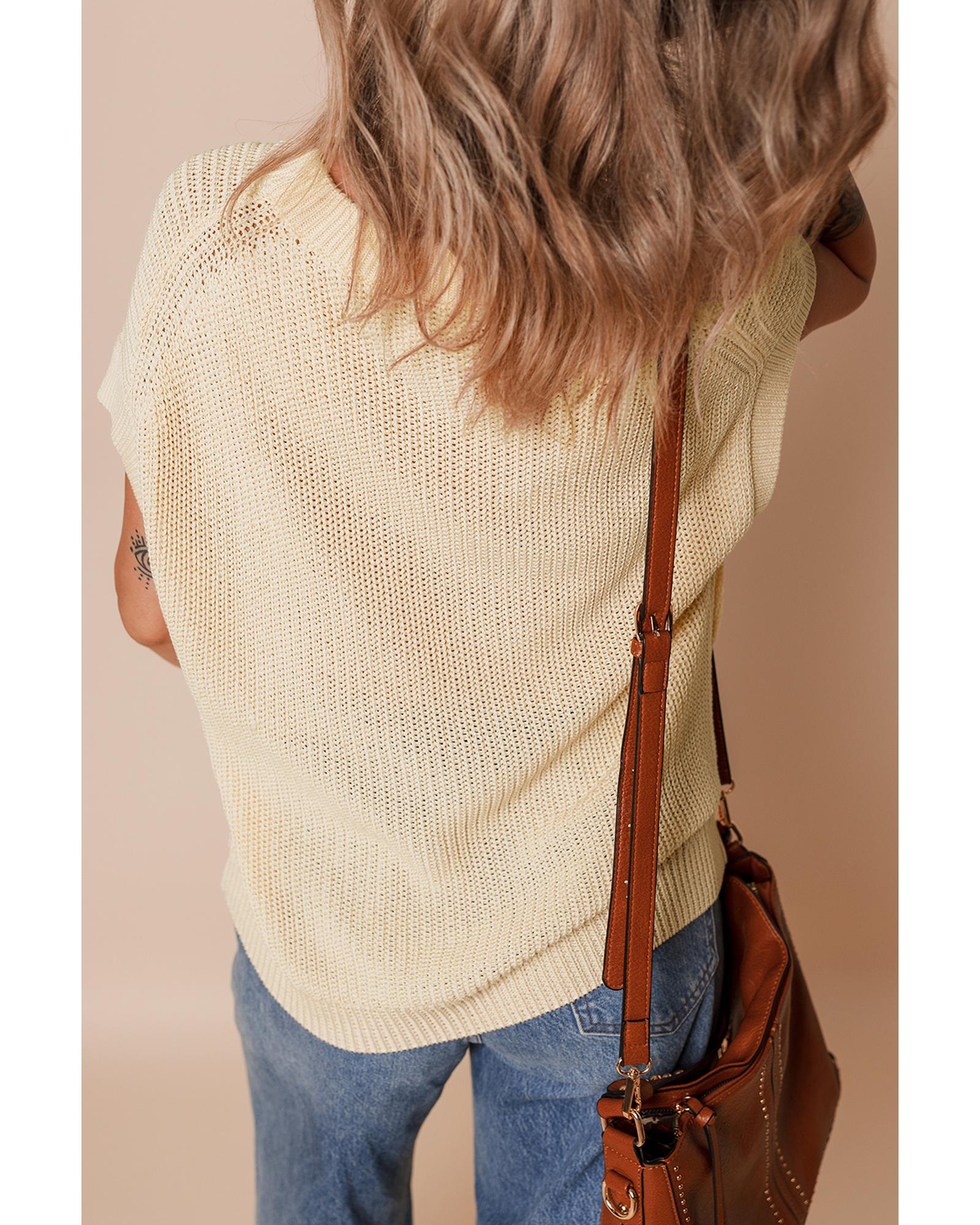 Oatmeal Solid Color Batwing Short Sleeve Round Neck Knit T Shirt - XL