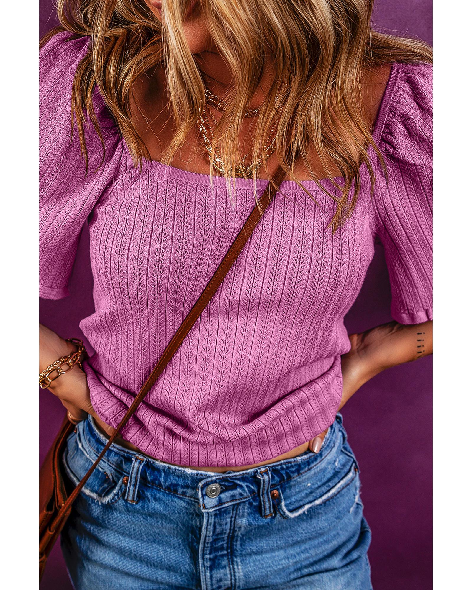 Phalaenopsis Textured Square Neck Half Sleeve Knitted Top - S