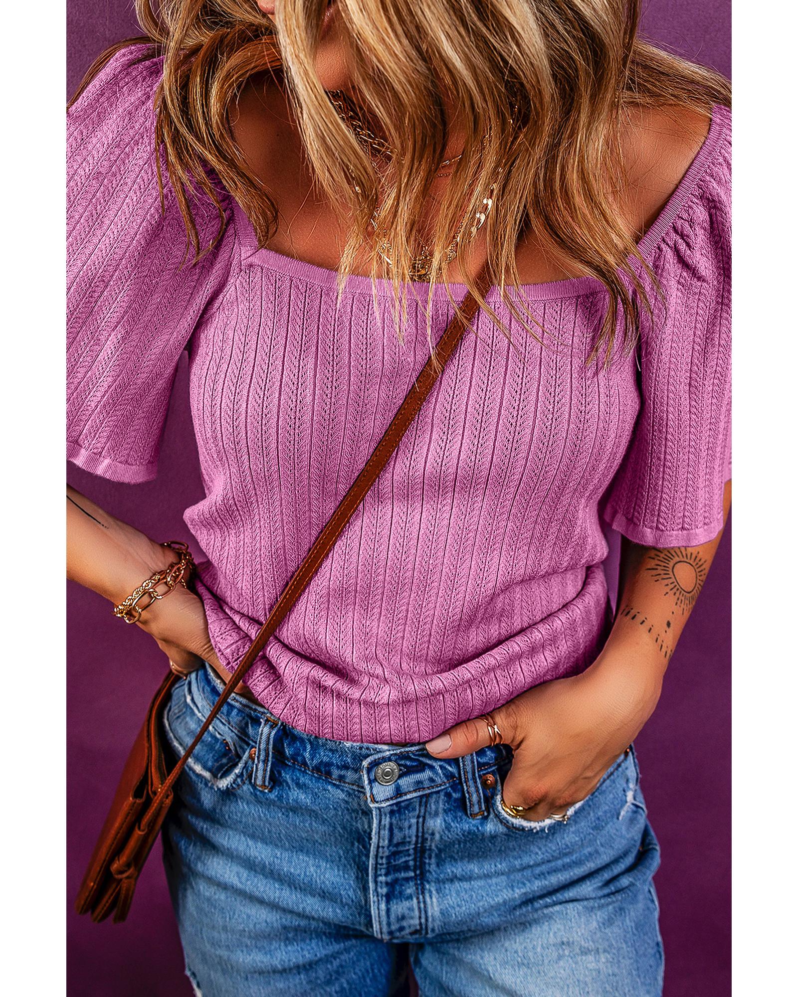 Phalaenopsis Textured Square Neck Half Sleeve Knitted Top - S 6