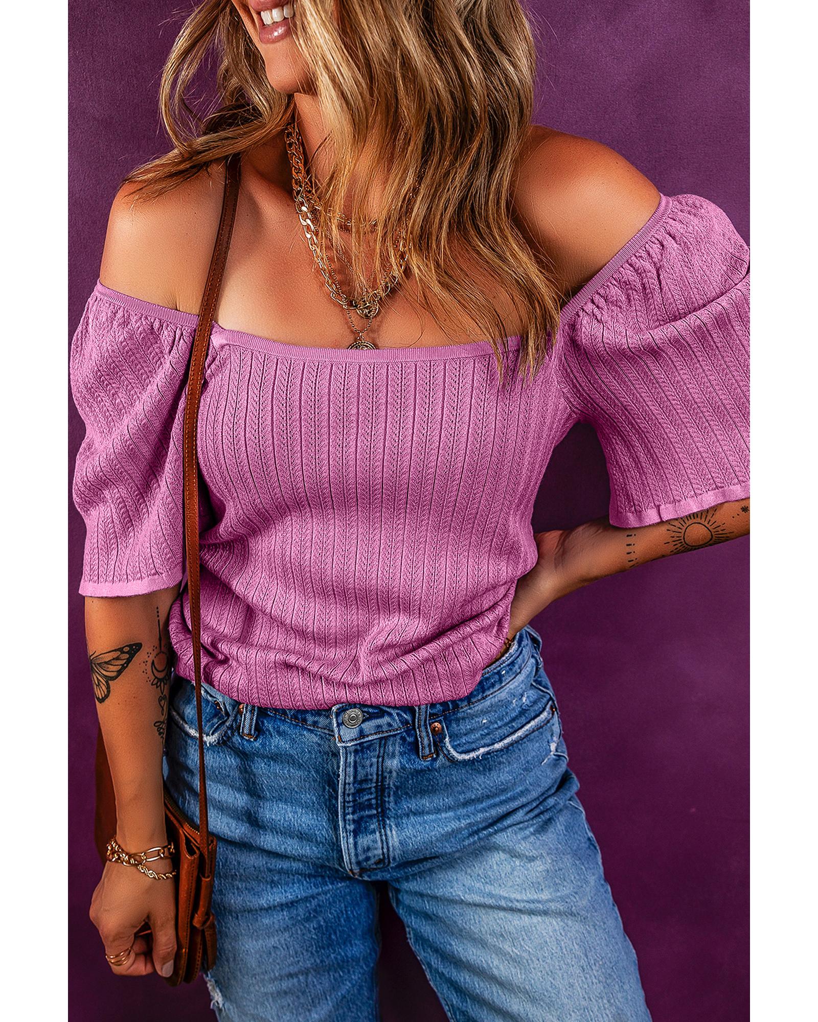 Phalaenopsis Textured Square Neck Half Sleeve Knitted Top - XL 4