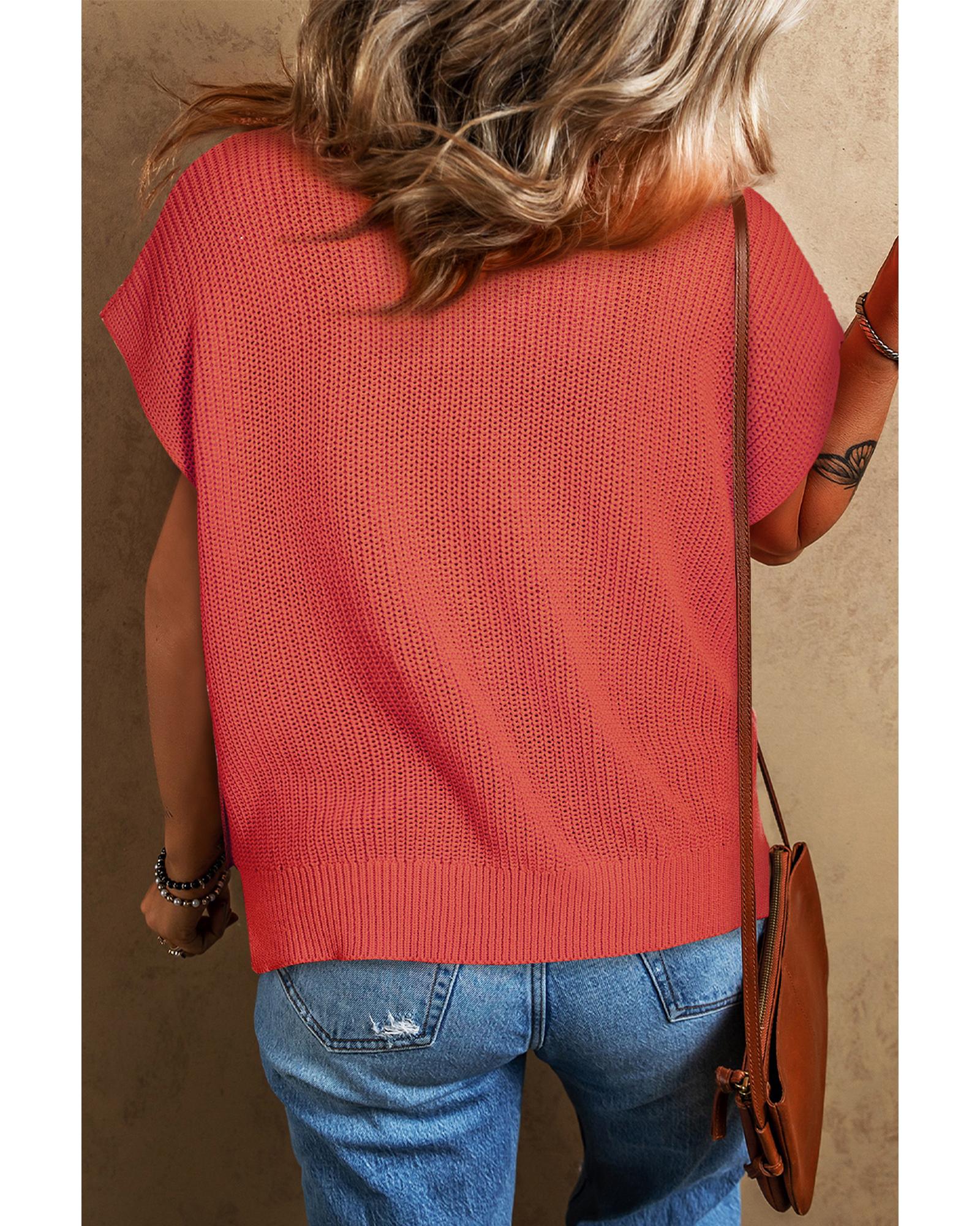 Flamingo Solid Textured Knitted Notch V Neck Sweater T Shirt - XL