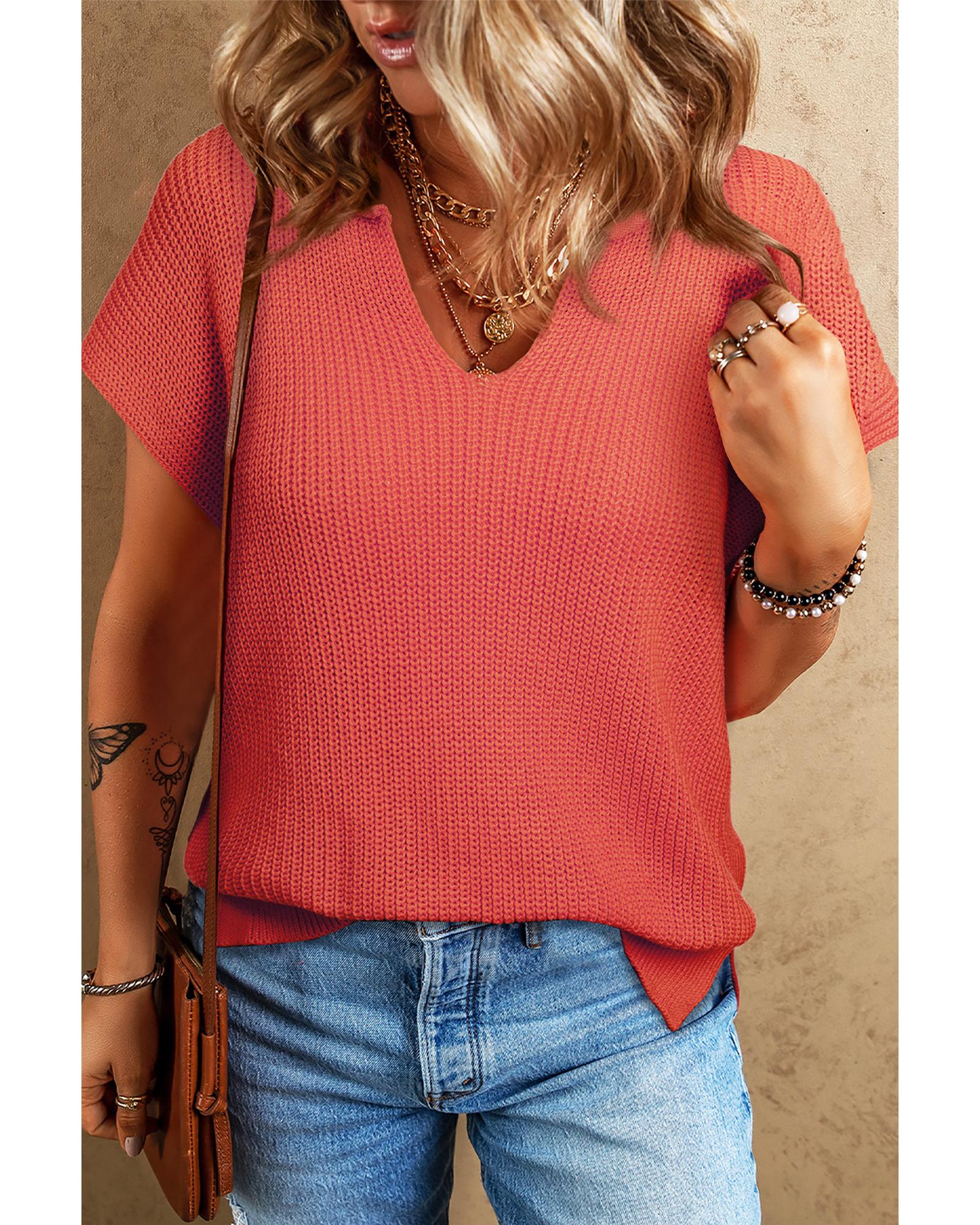 Flamingo Solid Textured Knitted Notch V Neck Sweater T Shirt - XL