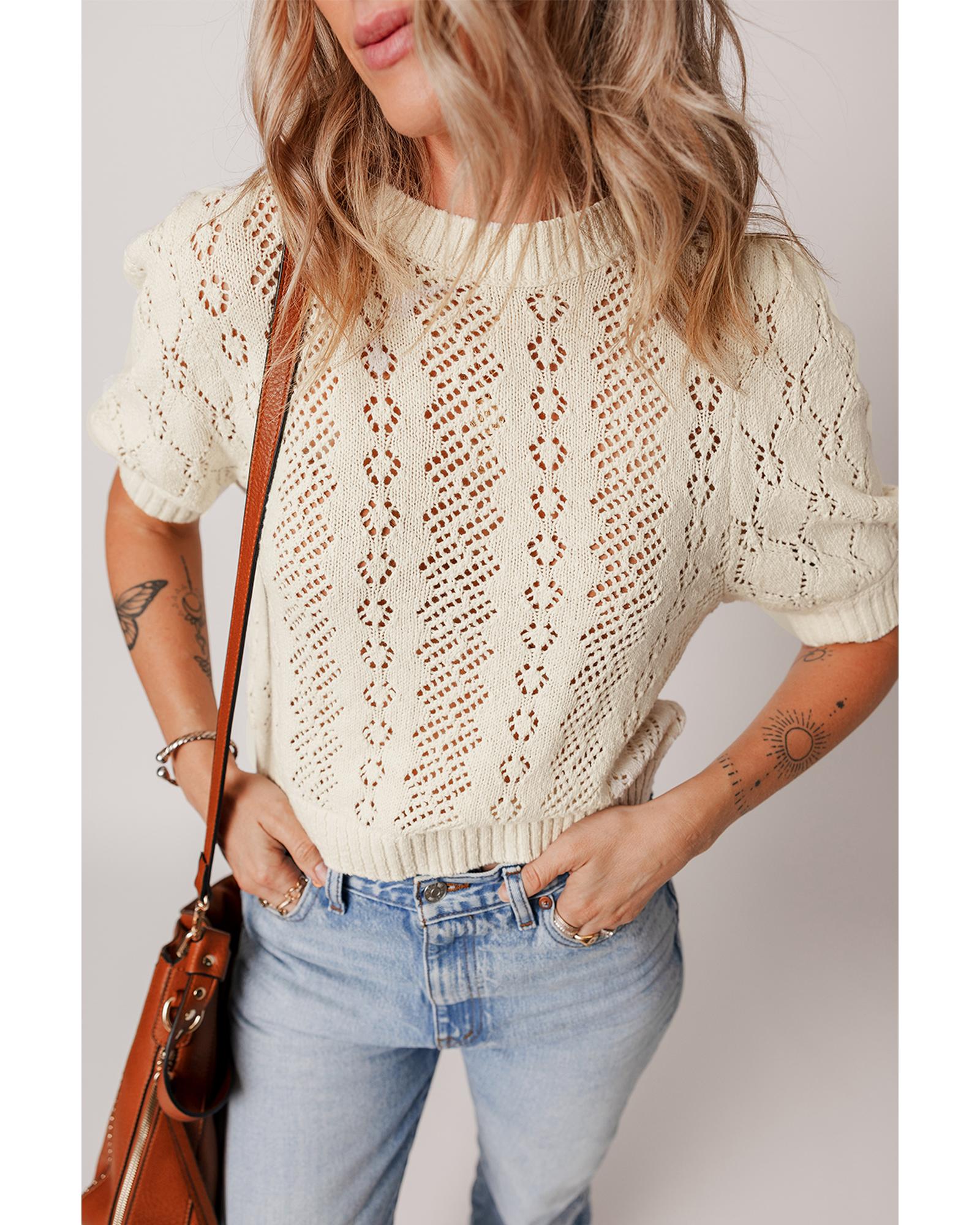 Beige Hollowed Pattern Knit Short Puff Sleeve Sweater - L 3