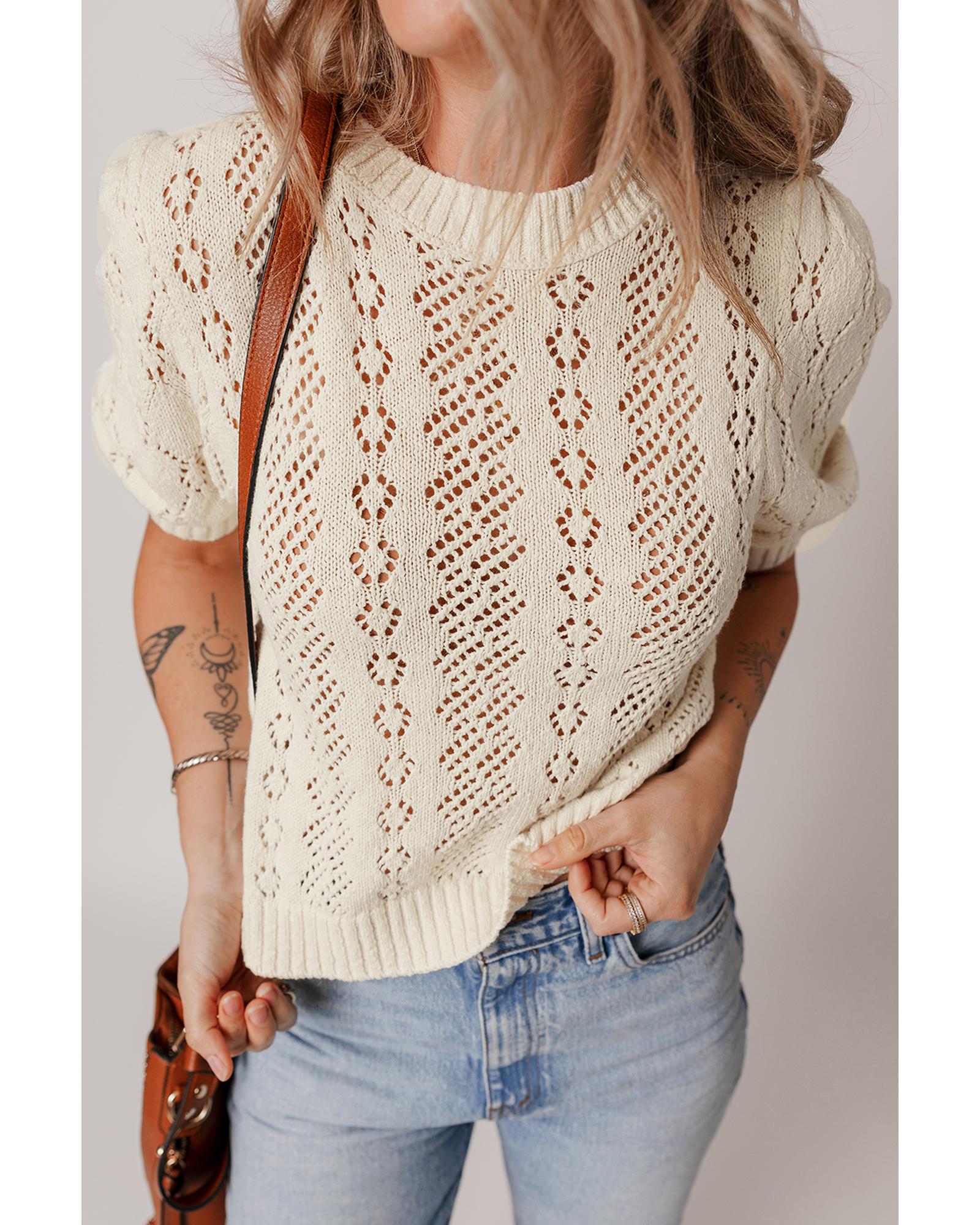 Beige Hollowed Pattern Knit Short Puff Sleeve Sweater - L 5