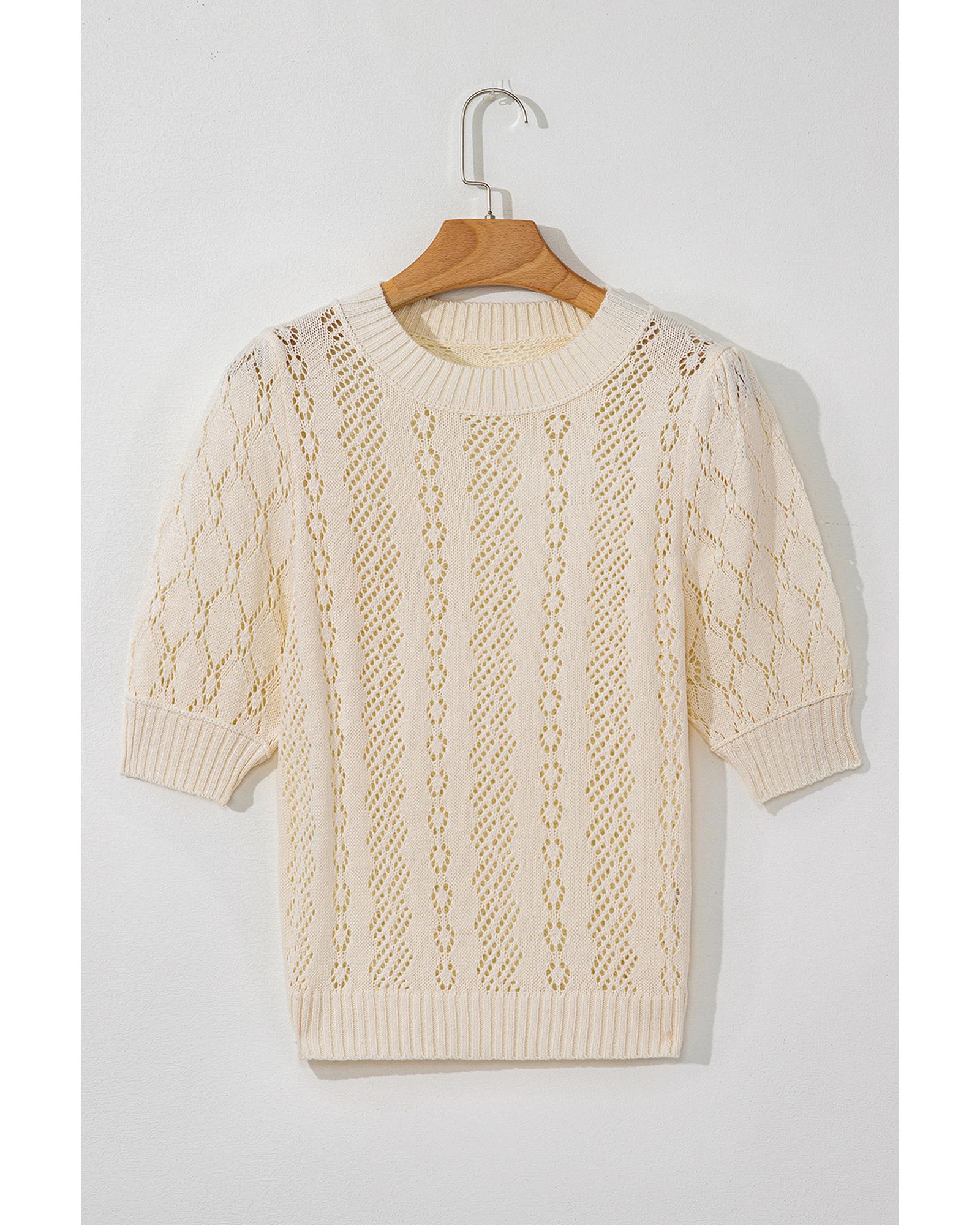 Beige Hollowed Pattern Knit Short Puff Sleeve Sweater - L 7