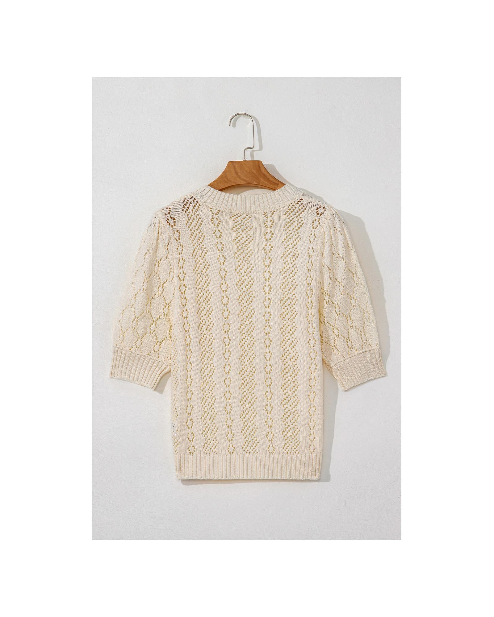 Beige Hollowed Pattern Knit Short Puff Sleeve Sweater - M 7