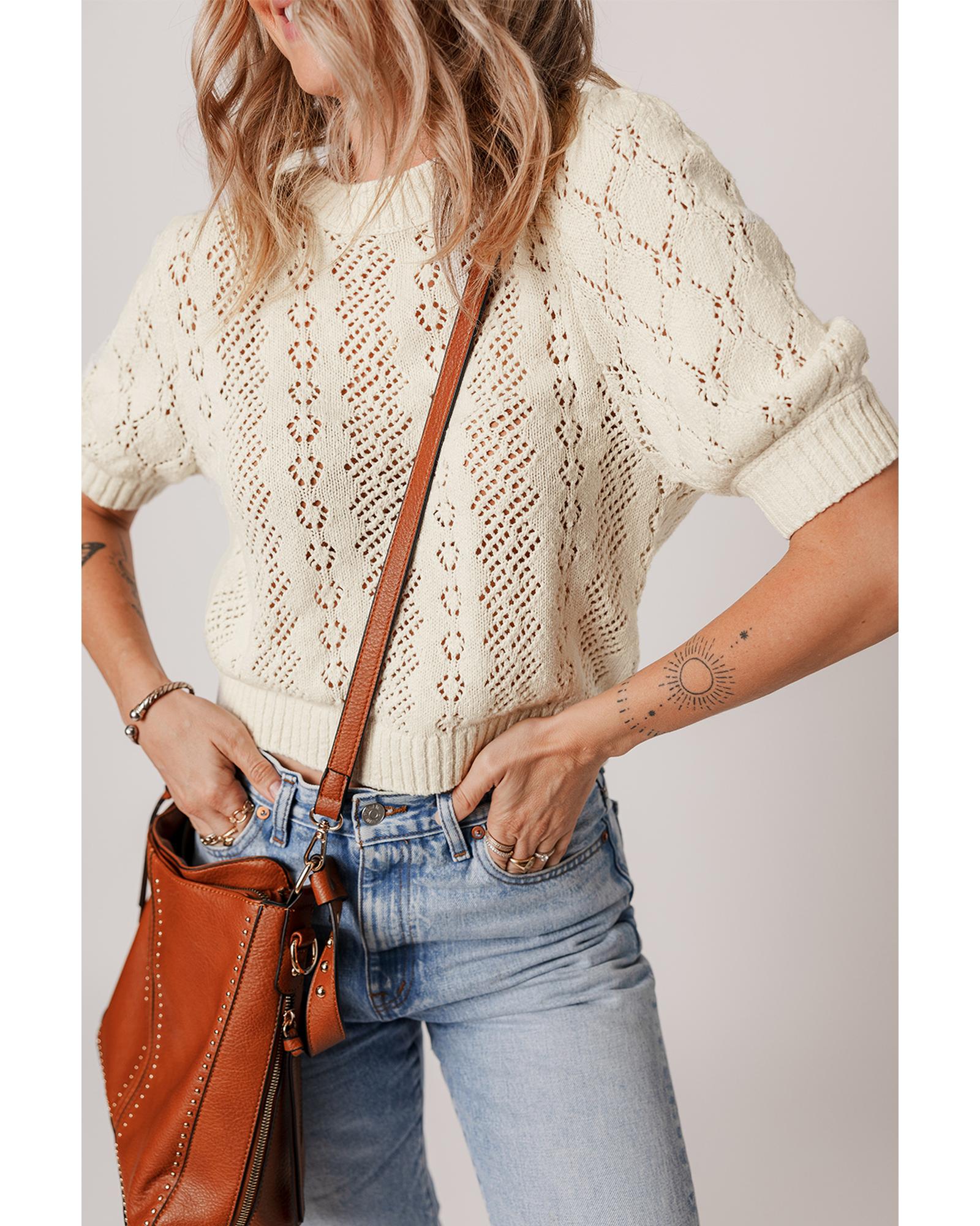 Beige Hollowed Pattern Knit Short Puff Sleeve Sweater - S 4