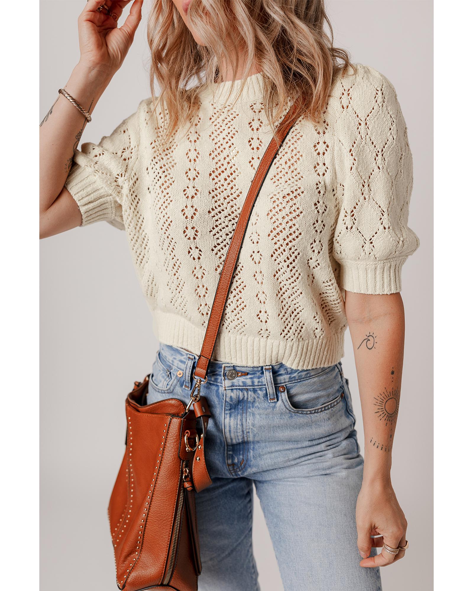 Beige Hollowed Pattern Knit Short Puff Sleeve Sweater - XL 6