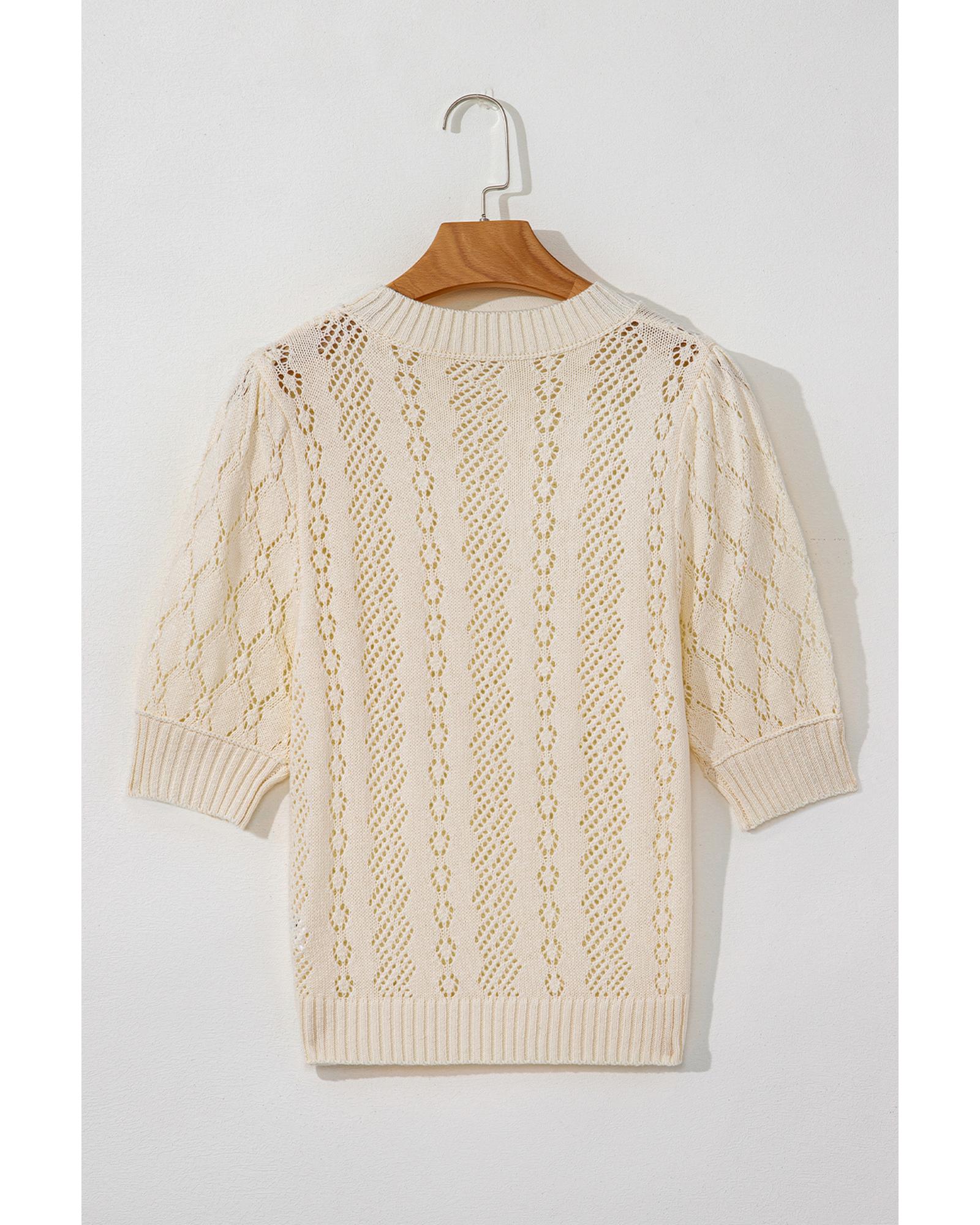 Beige Hollowed Pattern Knit Short Puff Sleeve Sweater - XL 8