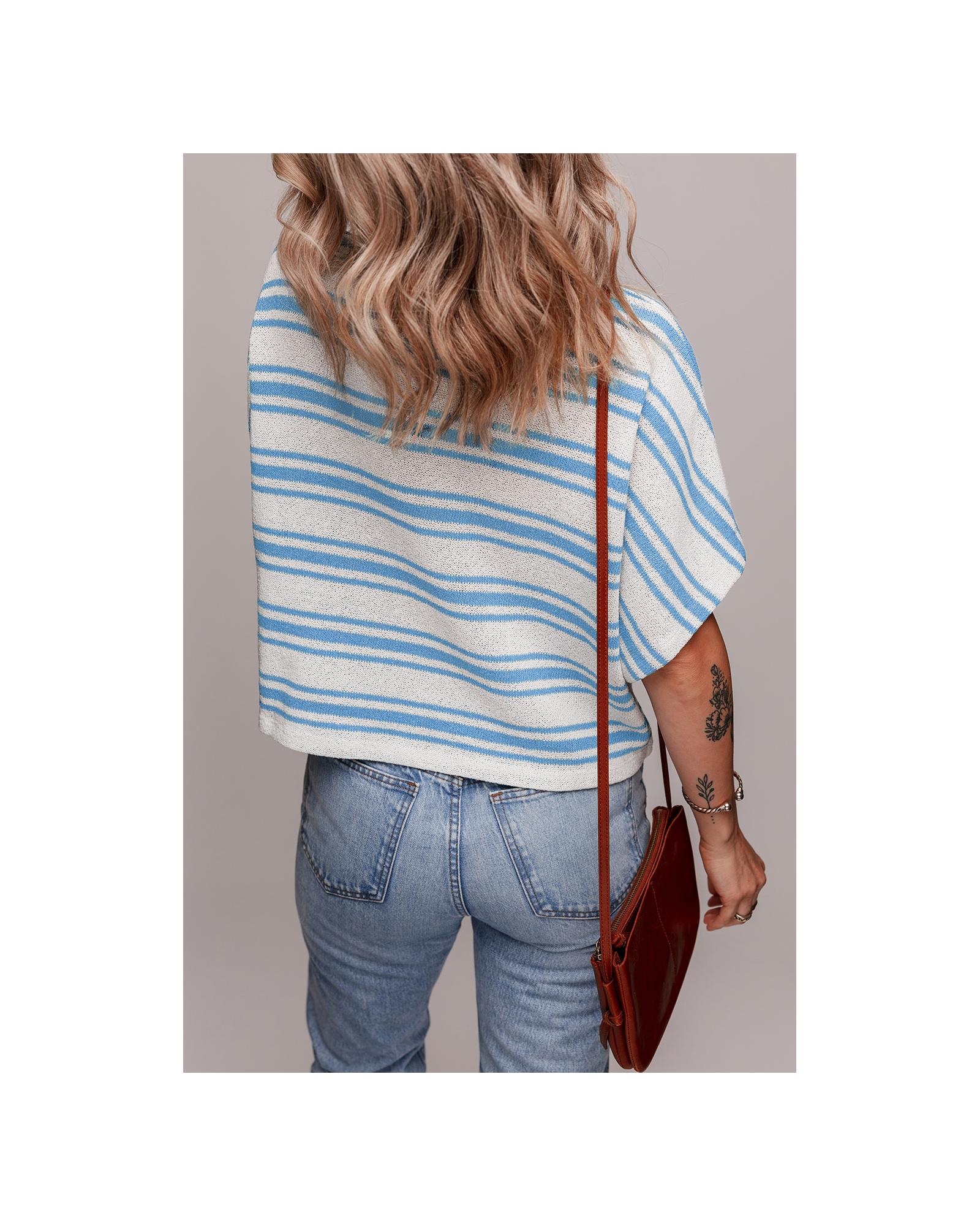 Sky Blue Stripe Boxy Fit Wide Sleeve Sweater T Shirt - L 4