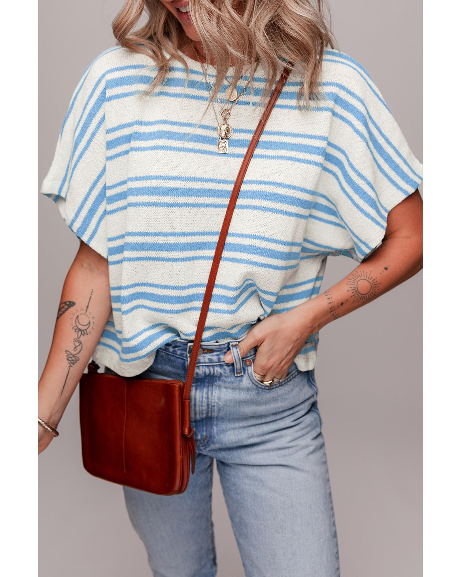 Sky Blue Stripe Boxy Fit Wide Sleeve Sweater T Shirt - M 3