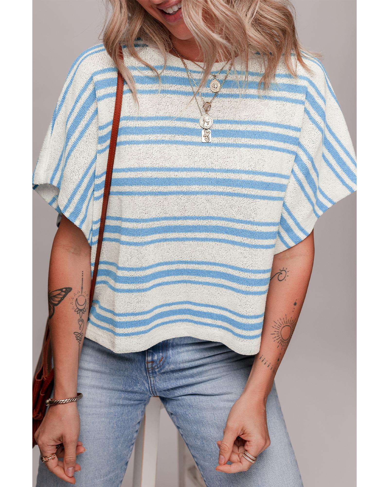 Sky Blue Stripe Boxy Fit Wide Sleeve Sweater T Shirt - M 5