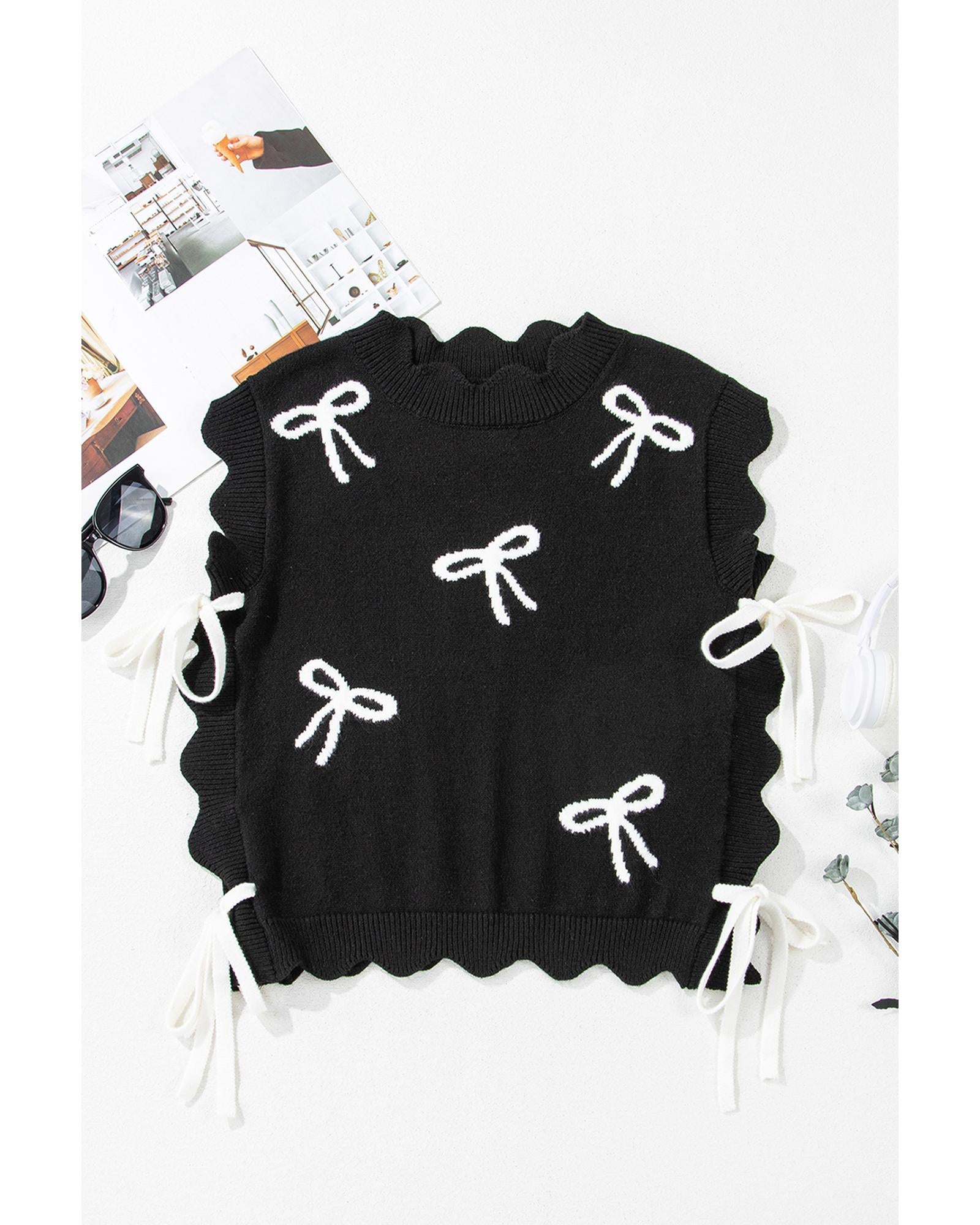 Black Bow Print Side Ties Scalloped Hem Sweater T Shirt - S