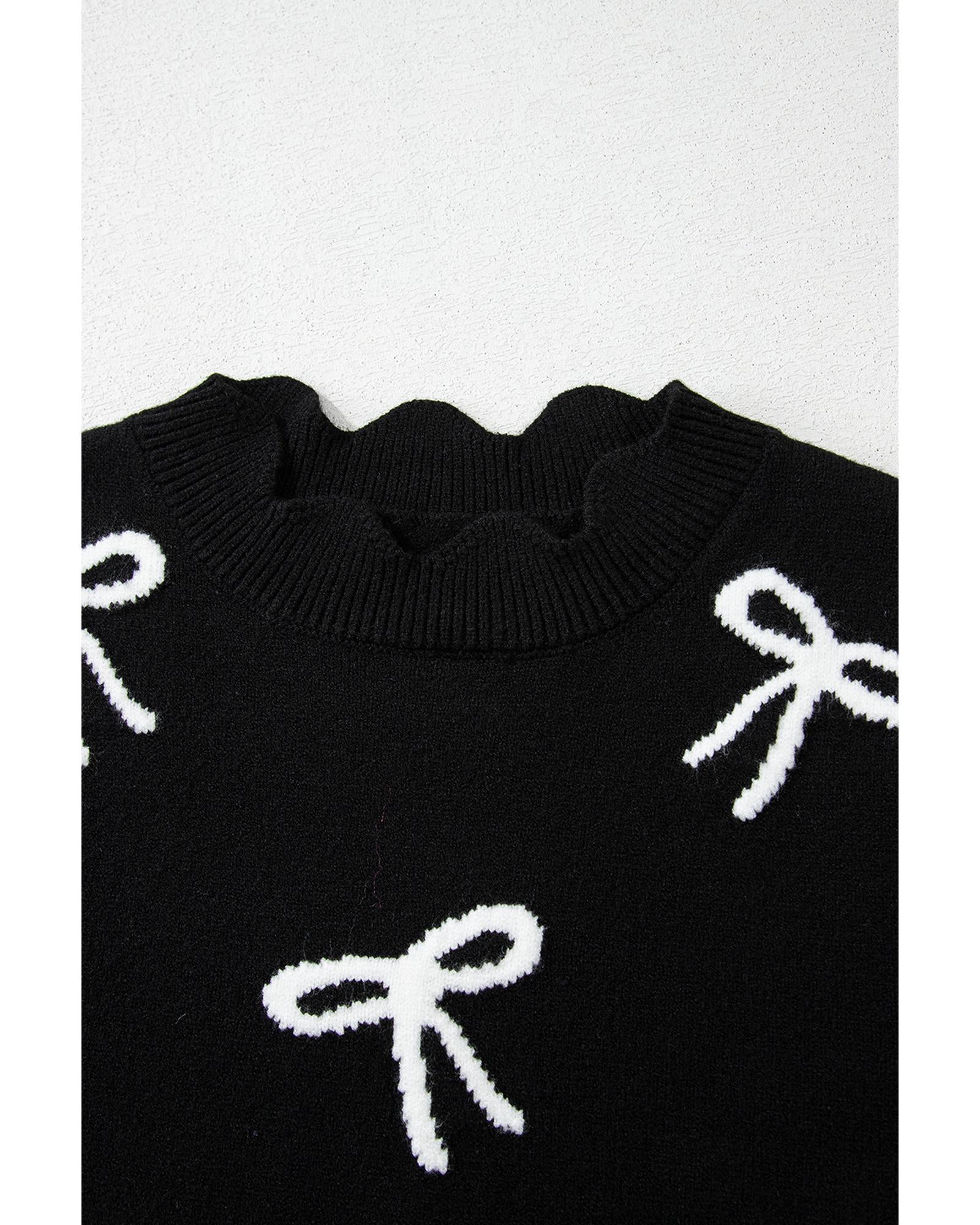 Black Bow Print Side Ties Scalloped Hem Sweater T Shirt - S 3