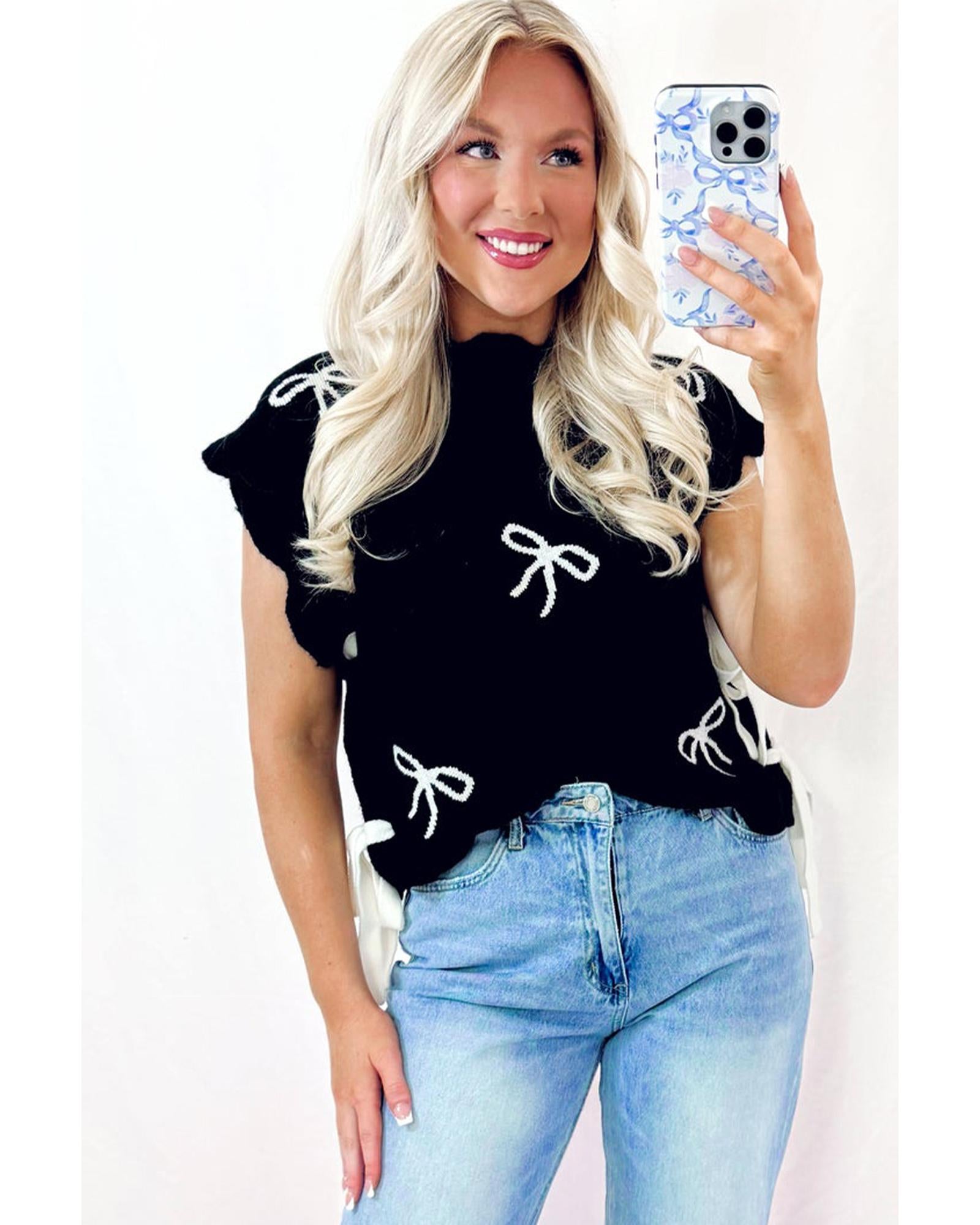 Black Bow Print Side Ties Scalloped Hem Sweater T Shirt - S 4