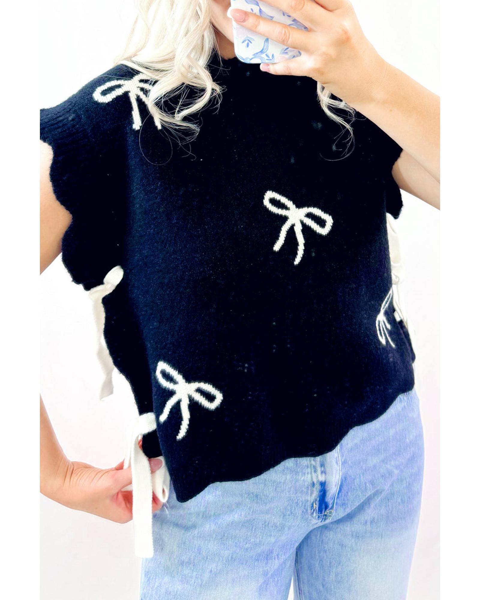 Black Bow Print Side Ties Scalloped Hem Sweater T Shirt - S 6